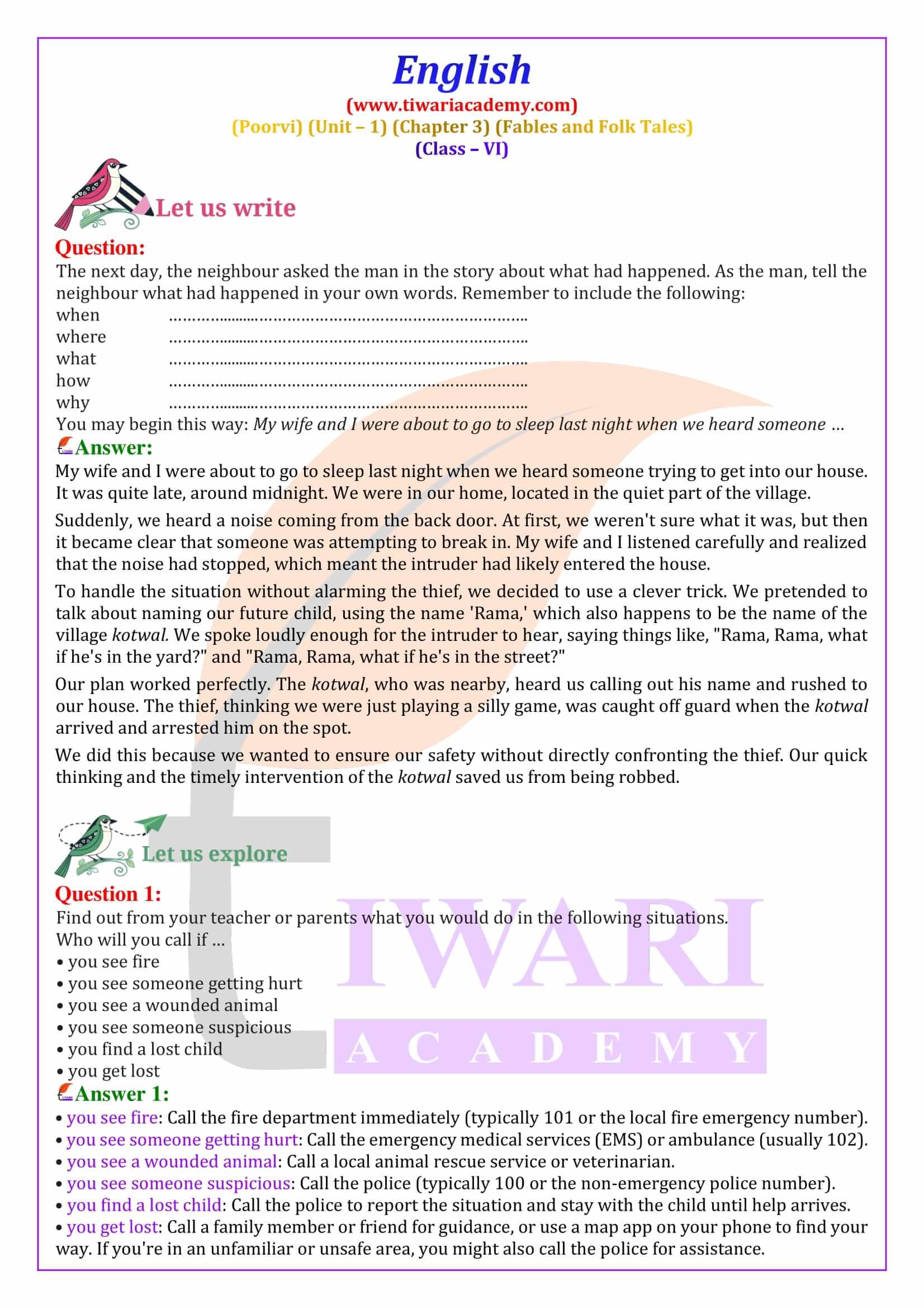 Class 6 English Poorvi Unit 1 Chapter 3 NCERT Questions