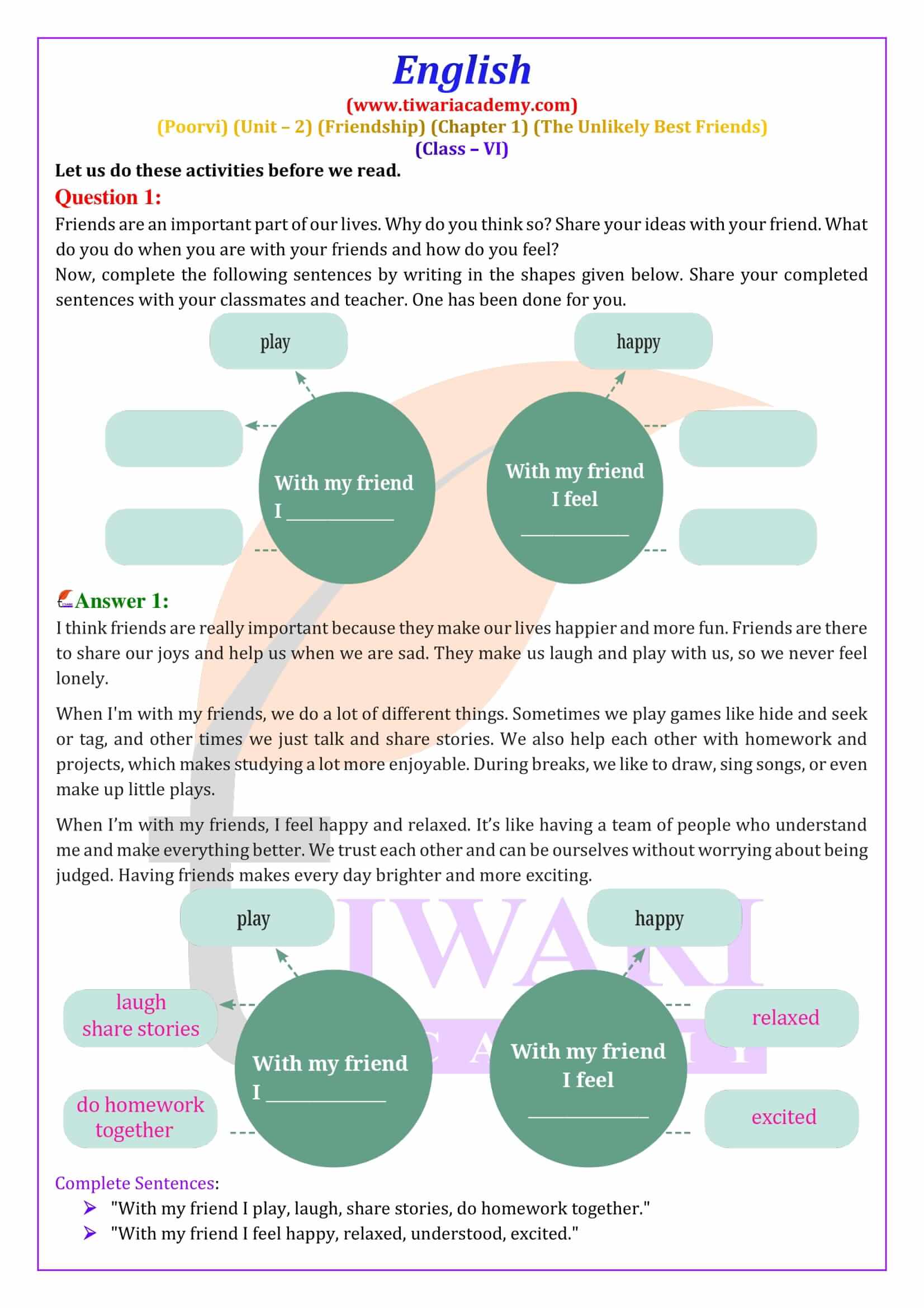NCERT Solutions for Class 6 English Poorvi Unit 2 Friendship Chapter 1 The Unlikely Best Friends