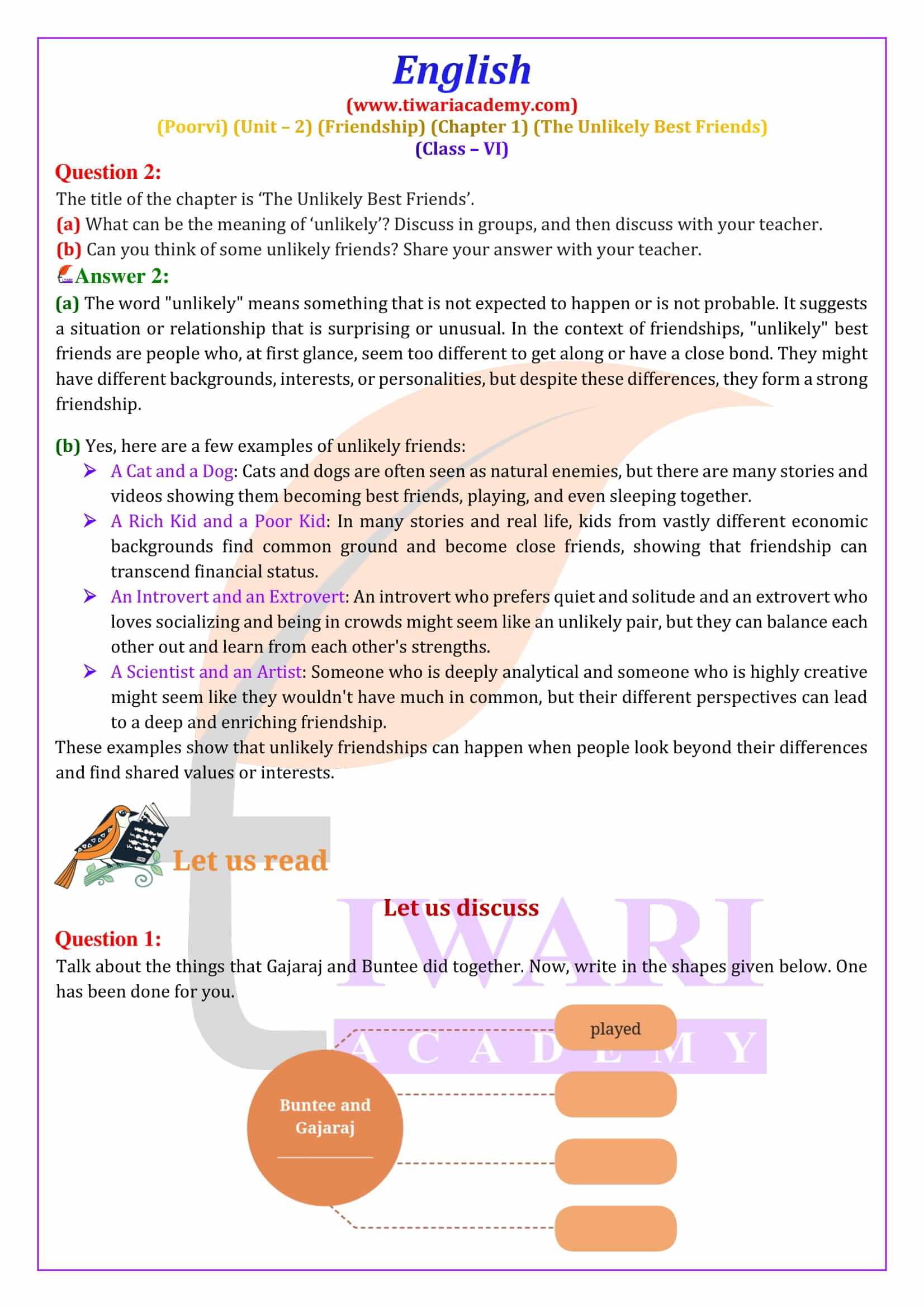 NCERT for Class 6 English Poorvi Unit 2 Friendship Chapter 1 The Unlikely Best Friends