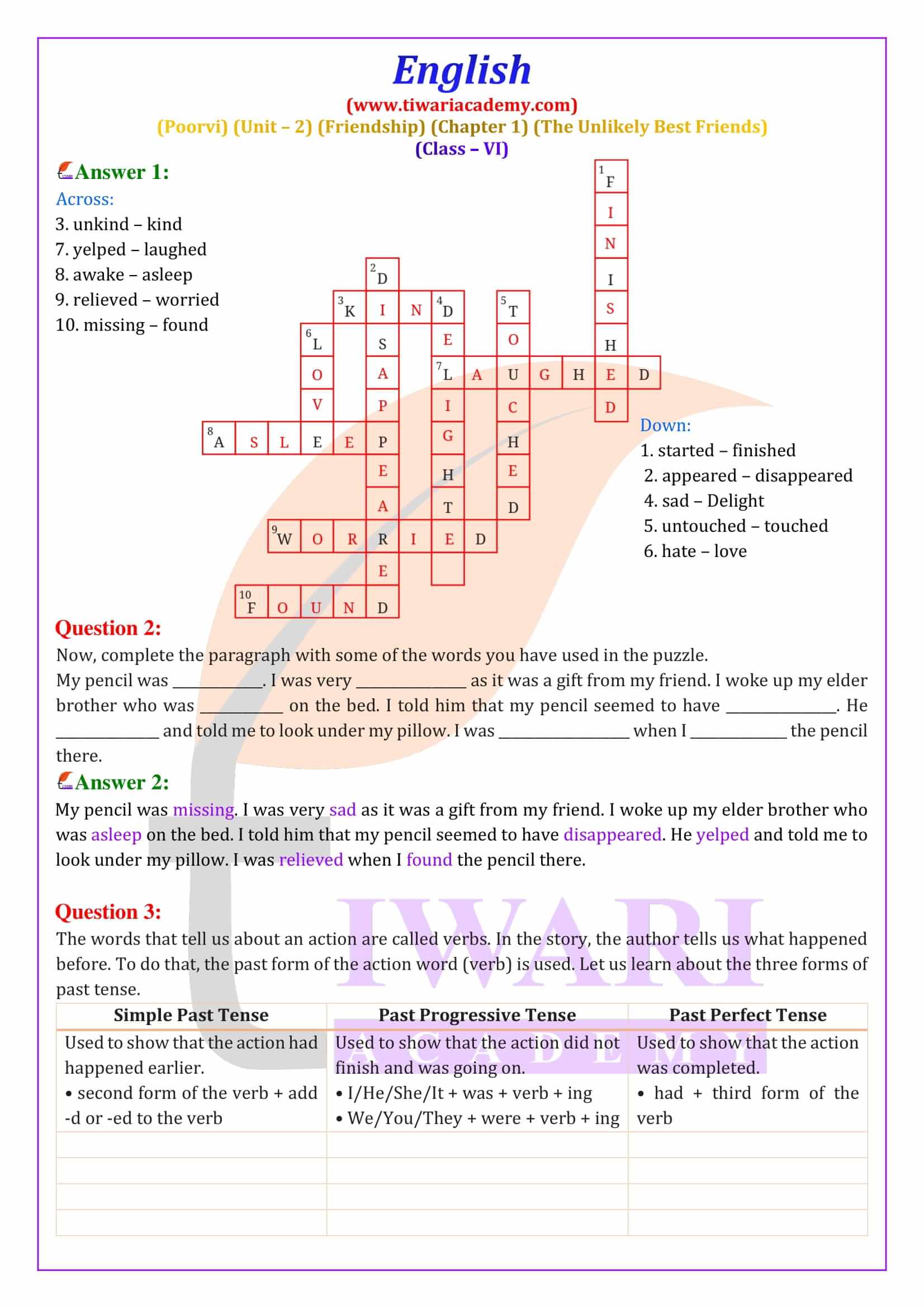 Class 6 English Poorvi Unit 2 Friendship Chapter 1 The Unlikely Best Friends NCERT Solutions