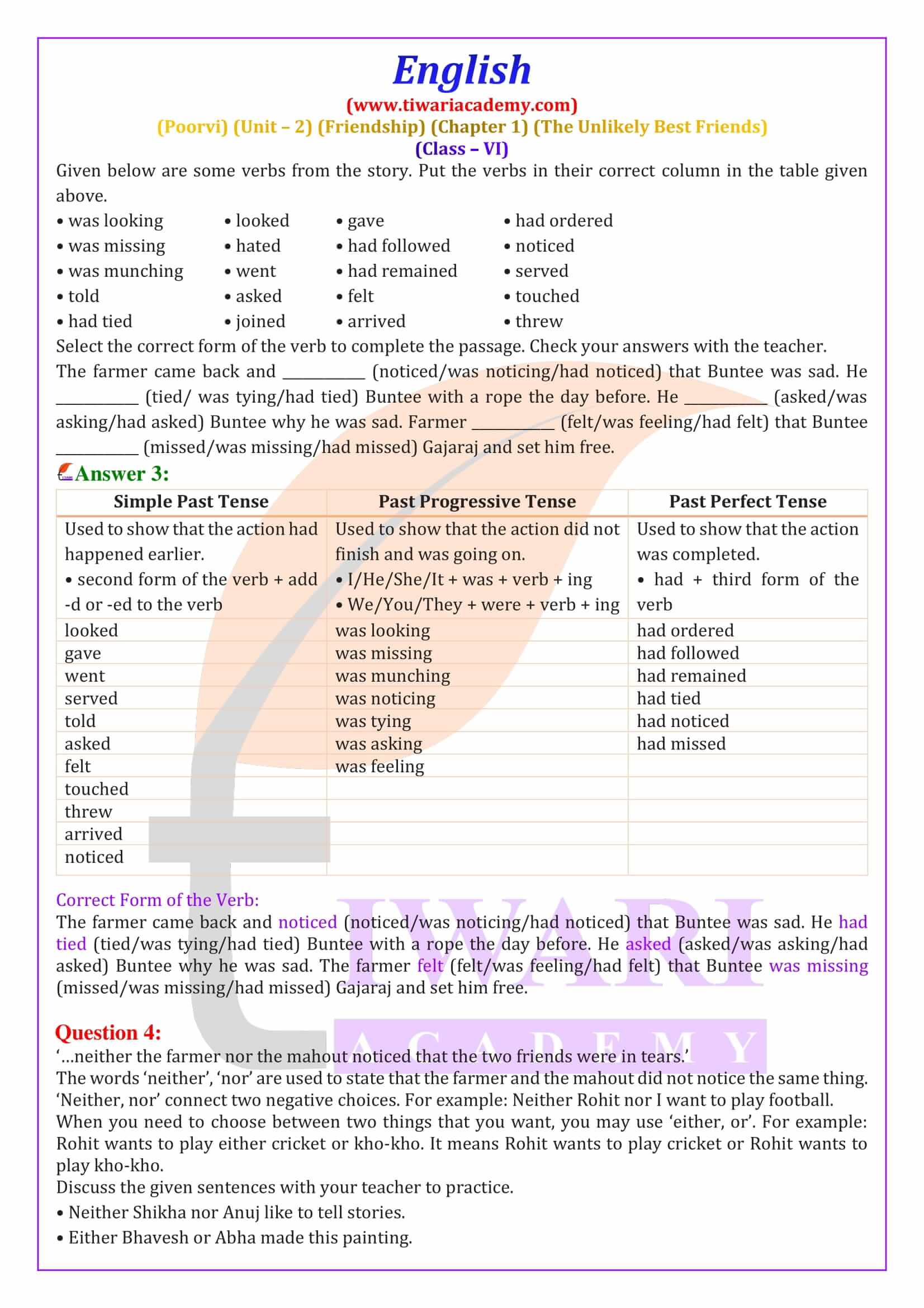 Class 6 English Poorvi Unit 2 Friendship Chapter 1
