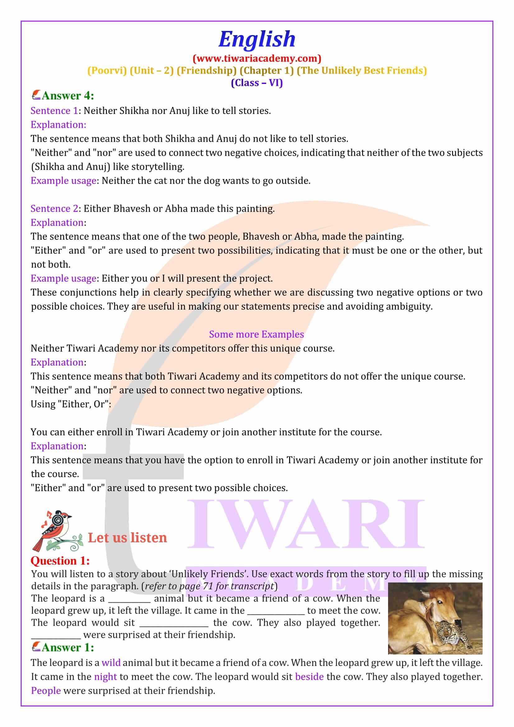 Class 6 English Poorvi Unit 2 Friendship Chapter 1 Solutions