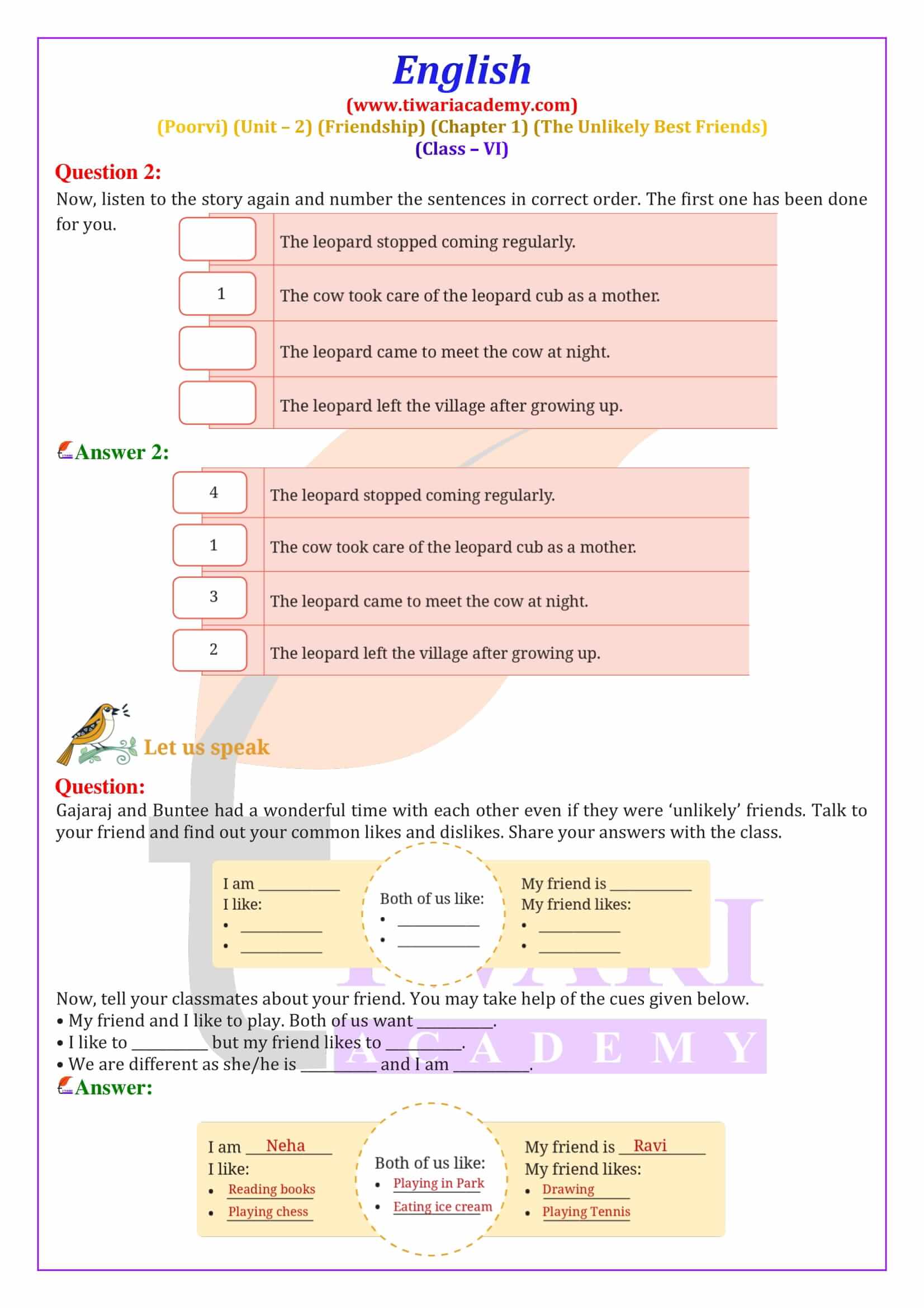 Class 6 English Poorvi Unit 2 Friendship Chapter 1 NCERT Solutions