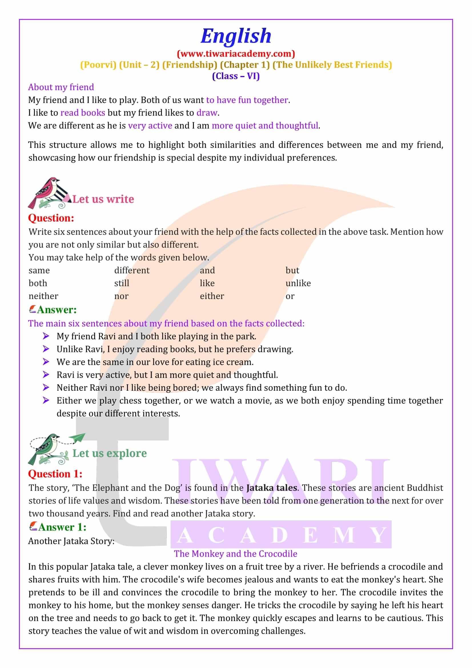 Class 6 English Poorvi Unit 2 Friendship Chapter 1 Question Answers