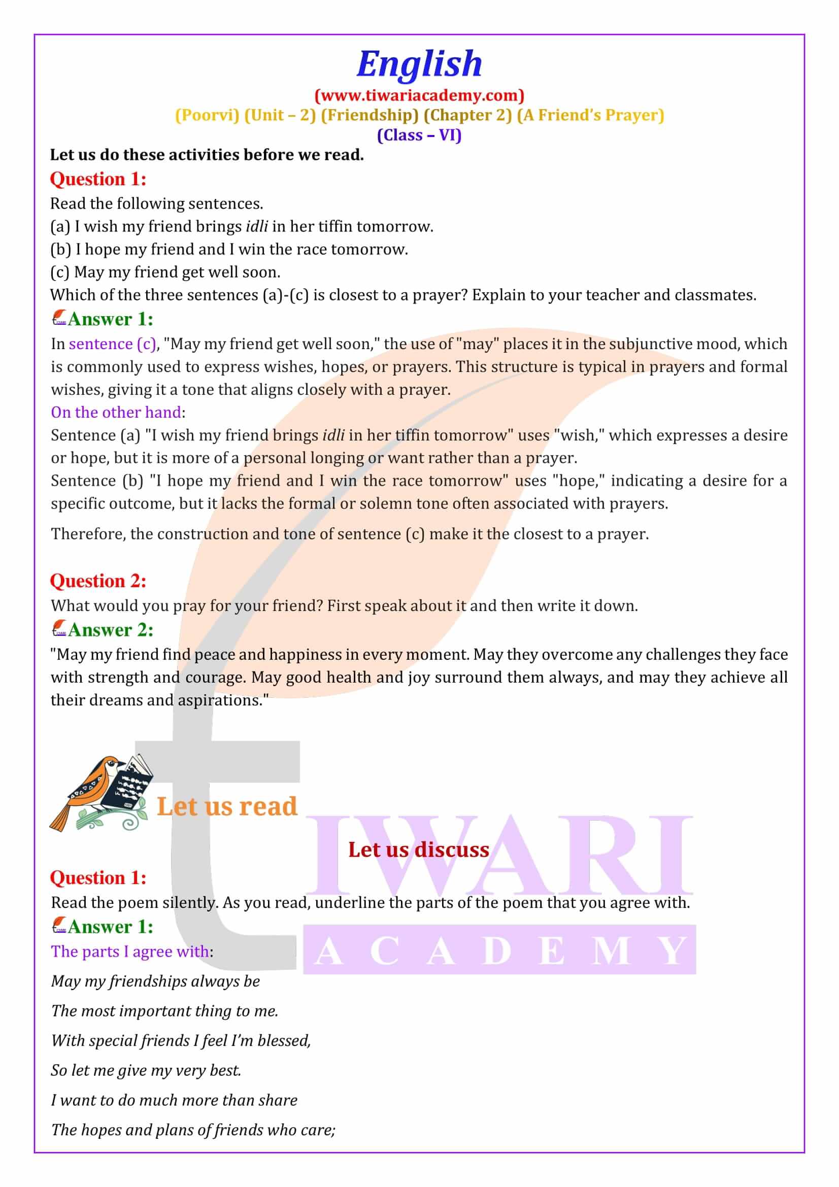 NCERT Solutions for Class 6 English Poorvi Unit 2 Friendship Chapter 2 A Friend’s Prayer