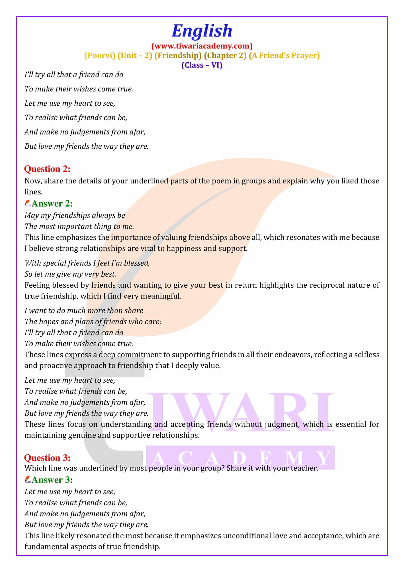 NCERT Class 6 English Poorvi Unit 2 Friendship Chapter 2 A Friend’s Prayer