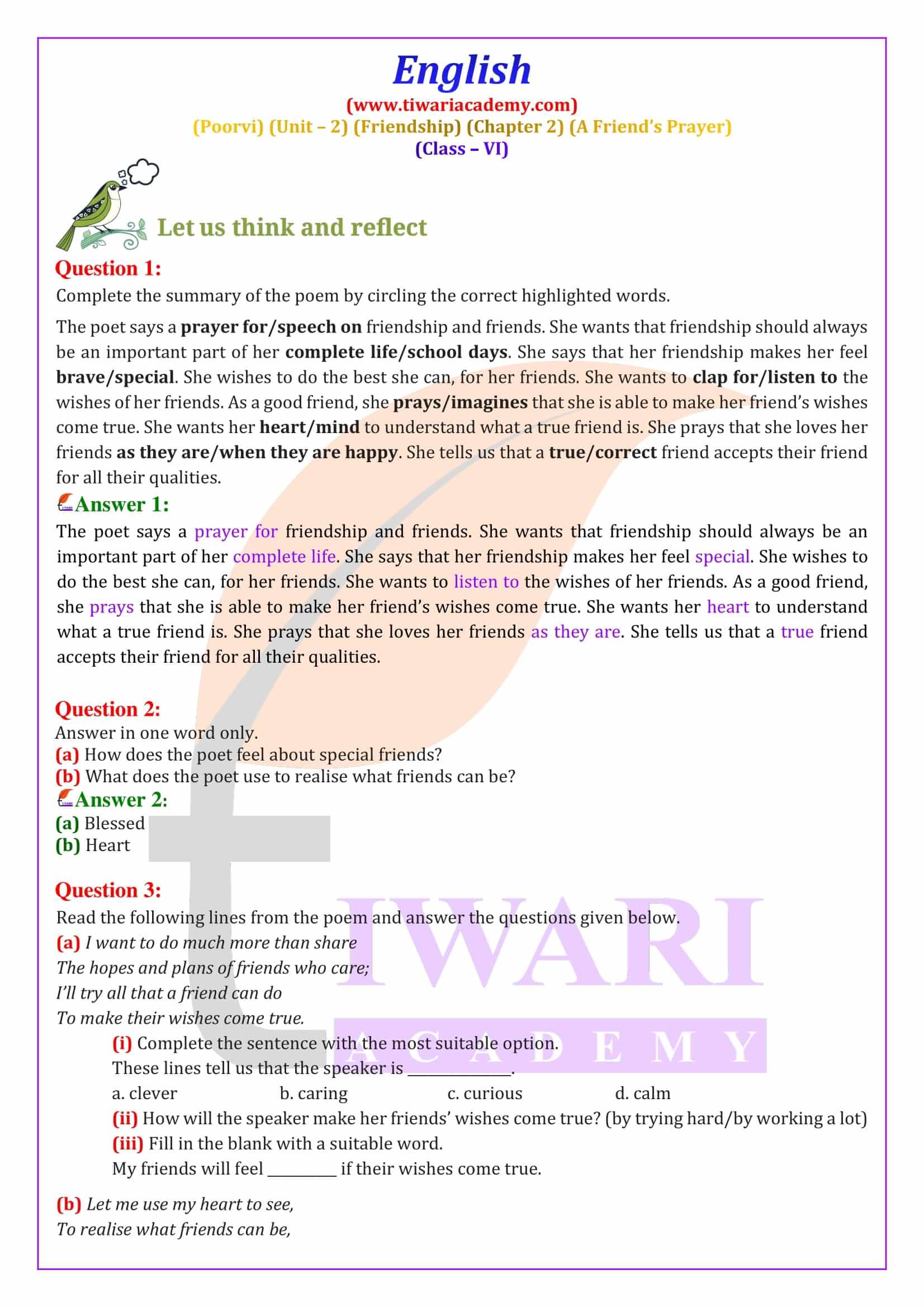 Class 6 English Poorvi Unit 2 Friendship Chapter 2 A Friend’s Prayer