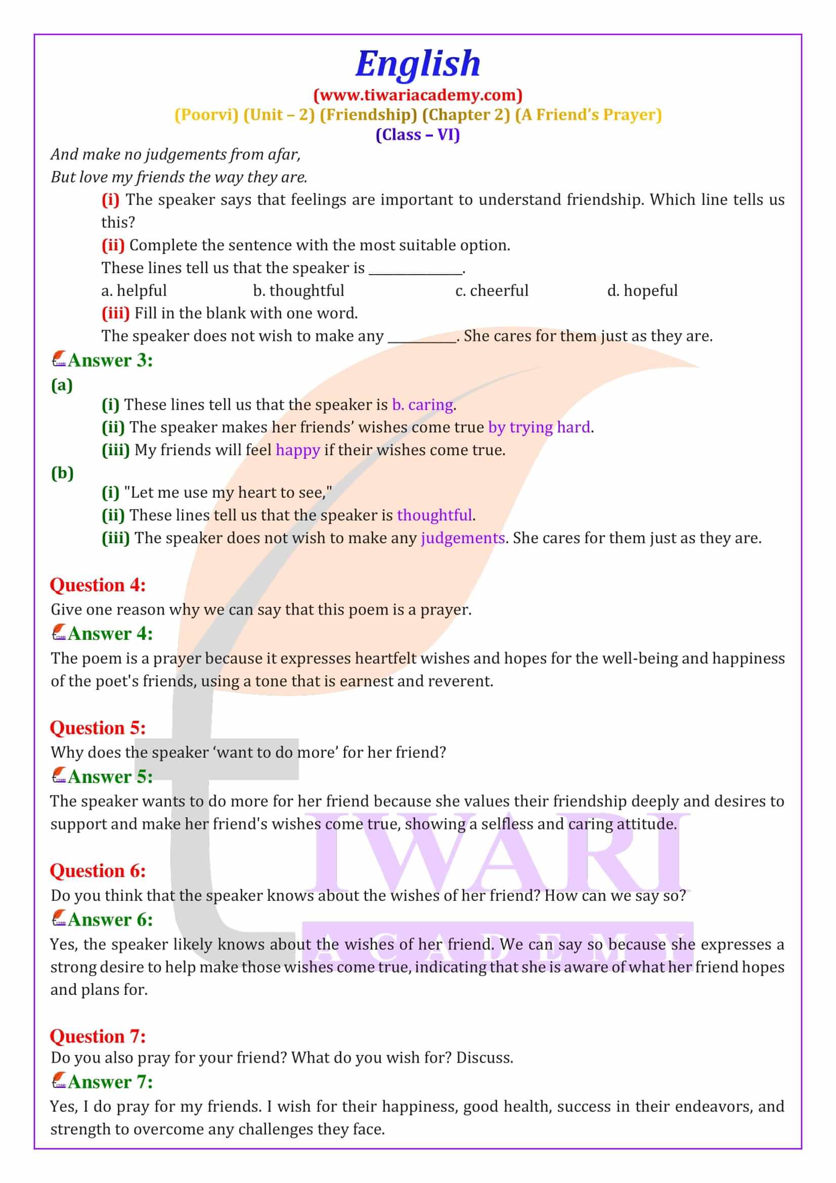 Class 6 English Poorvi Unit 2 Friendship Chapter 2 A Friend’s Prayer NCERT Solutions