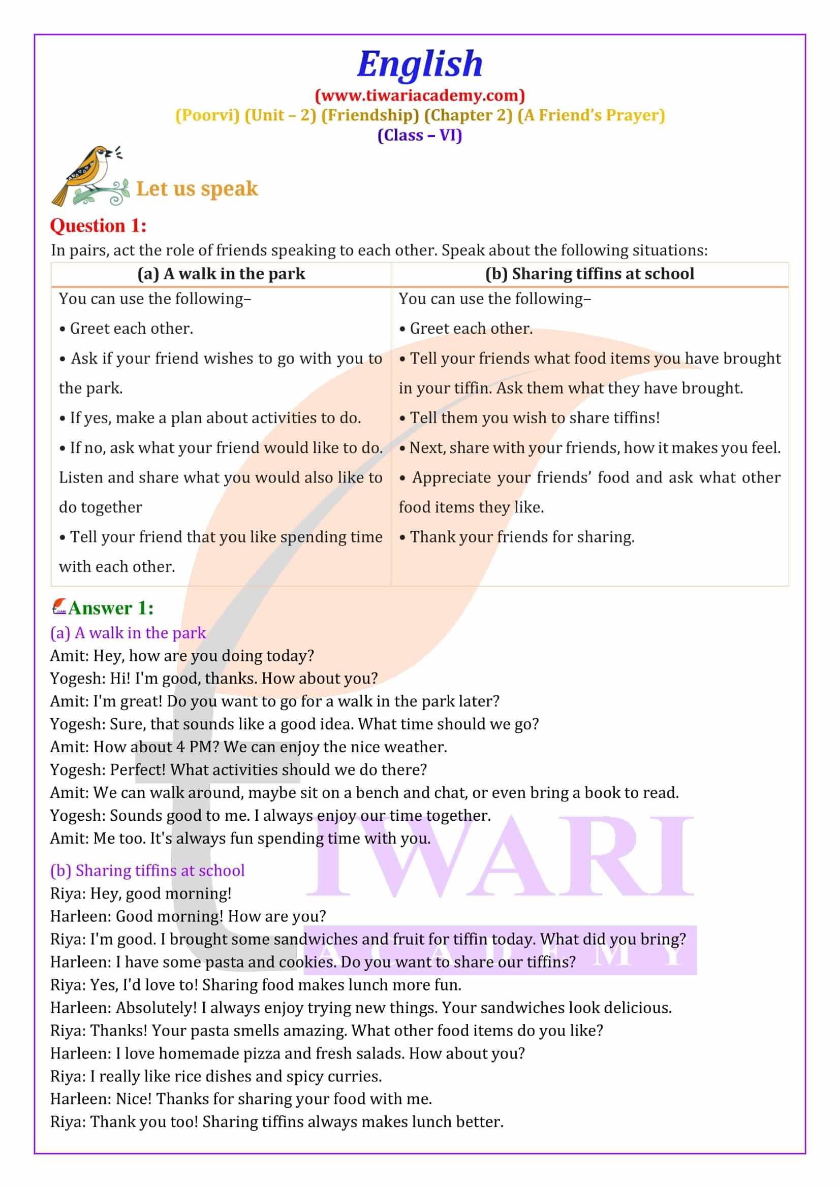Class 6 English Poorvi Unit 2 Friendship Chapter 2 Question Answers