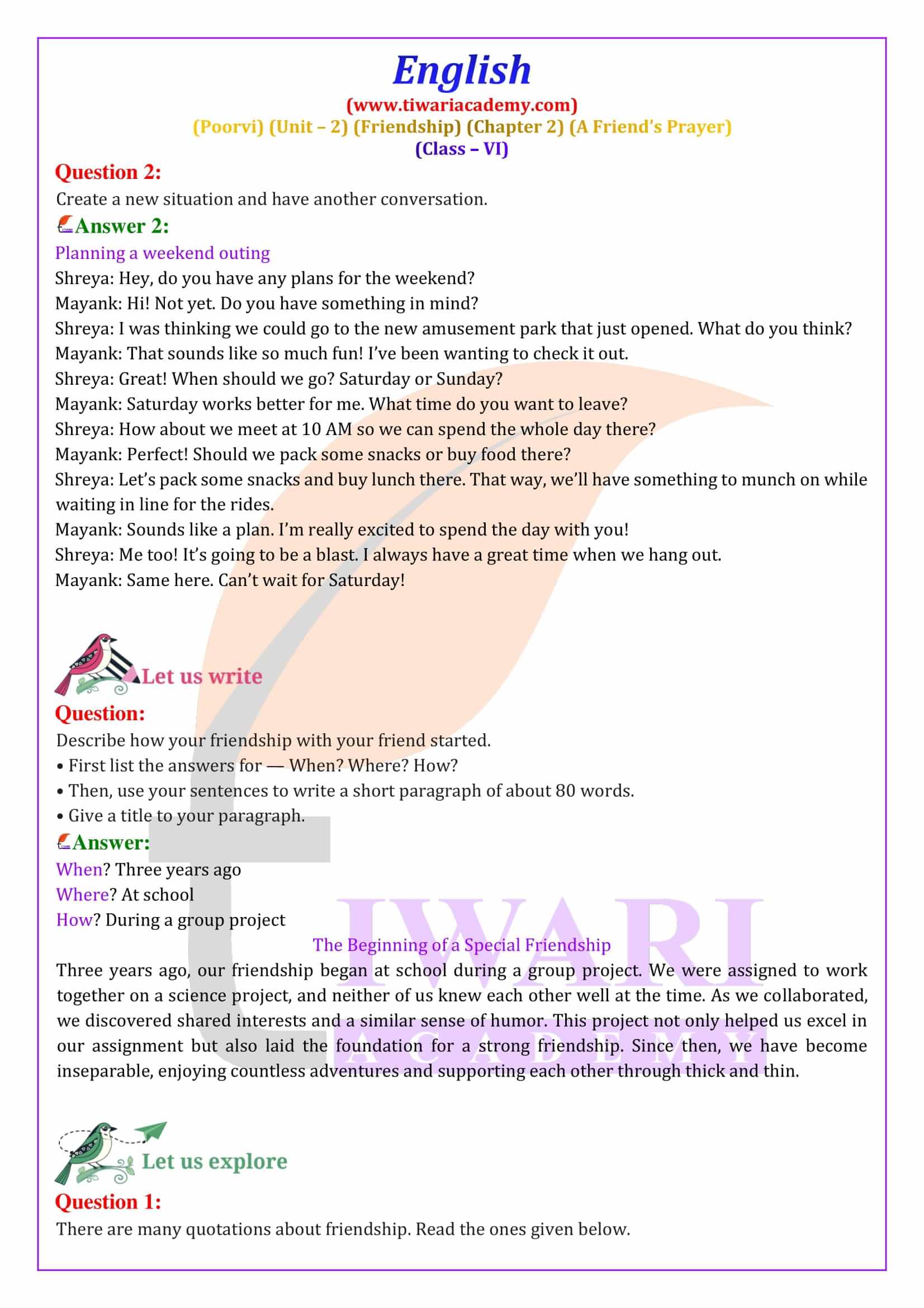 Class 6 English Poorvi Unit 2 Chapter 2