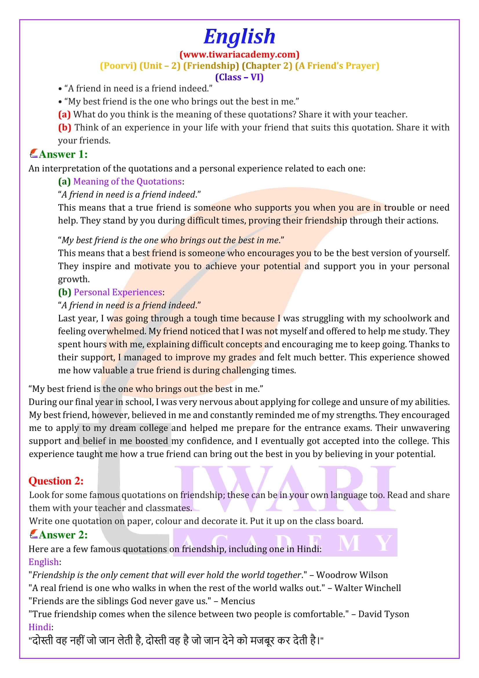 Class 6 English Poorvi Unit 2 Chapter 2 All answers
