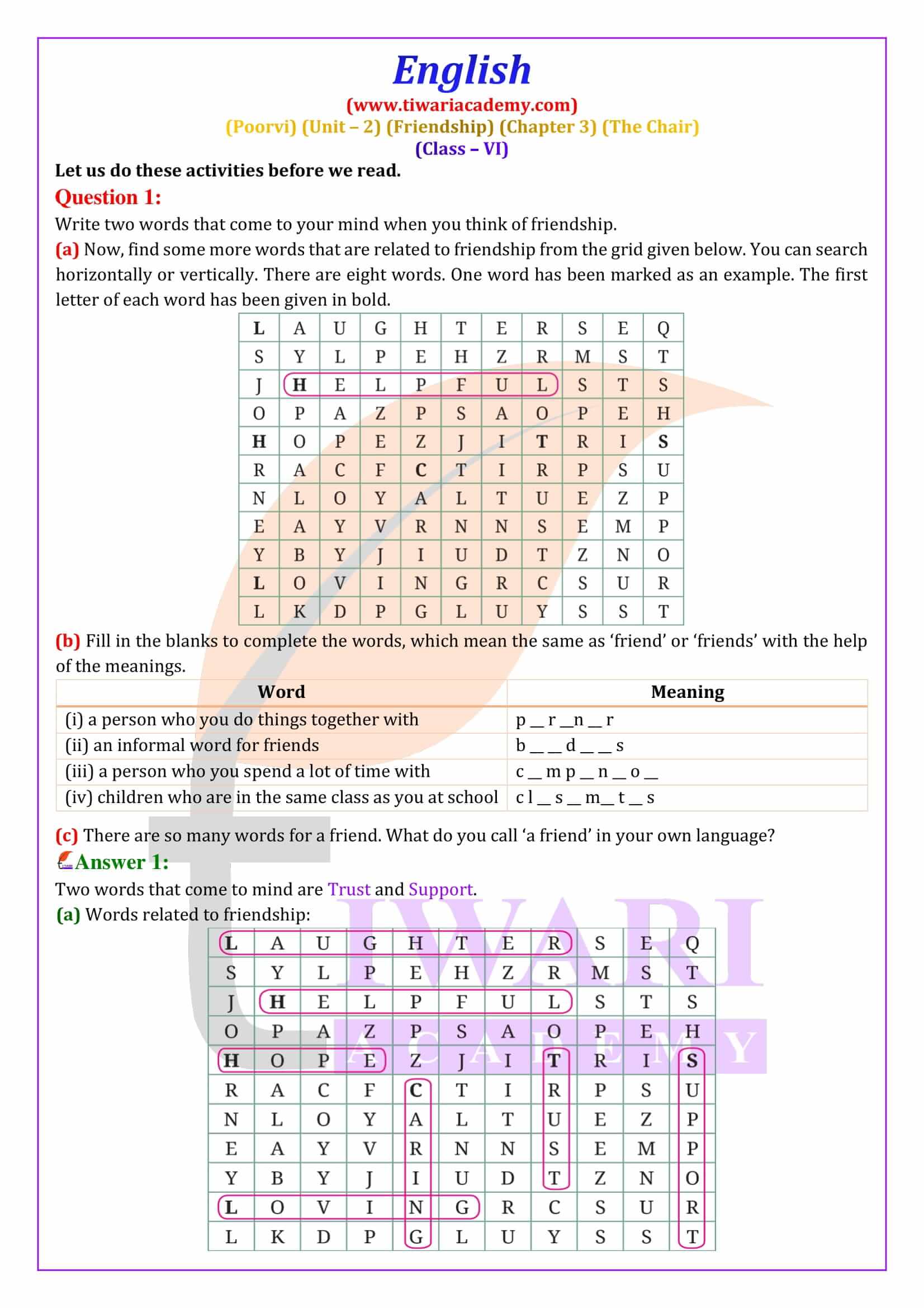 NCERT Solutions for Class 6 English Poorvi Unit 2 Friendship Chapter 3 The Chair