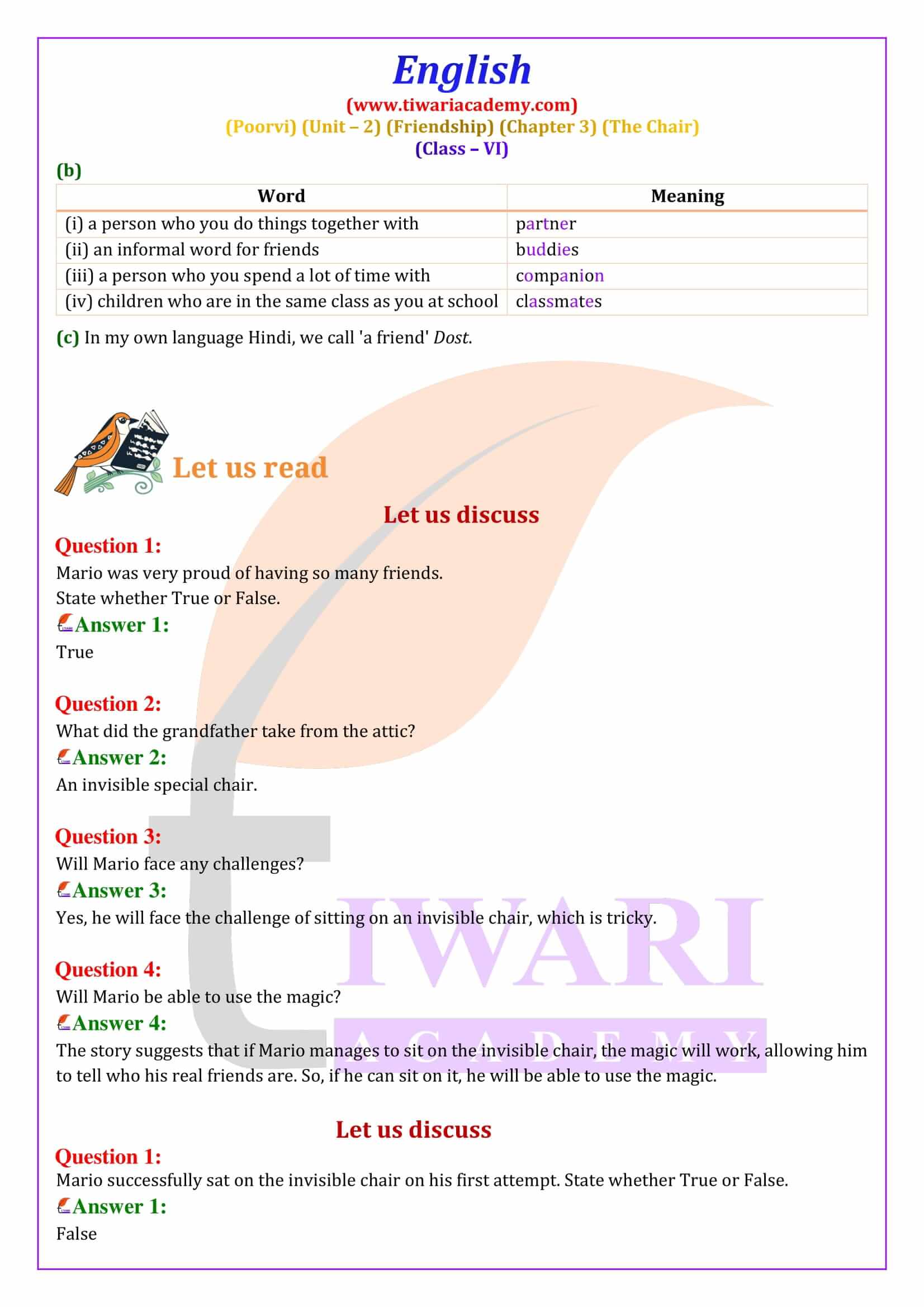 Class 6 English Poorvi Unit 2 Friendship Chapter 3 The Chair Solutions