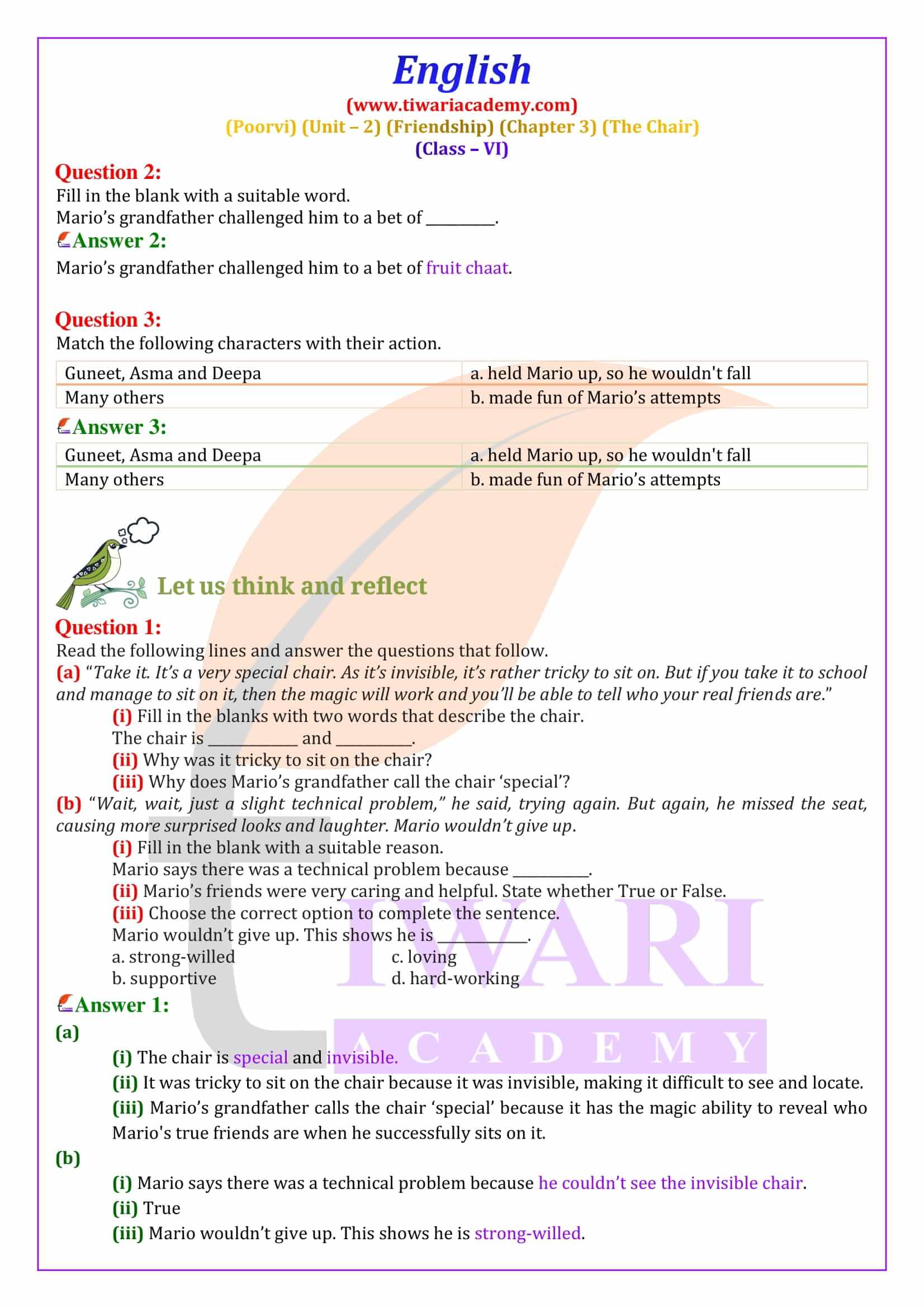 Class 6 English Poorvi Unit 2 Friendship Chapter 3