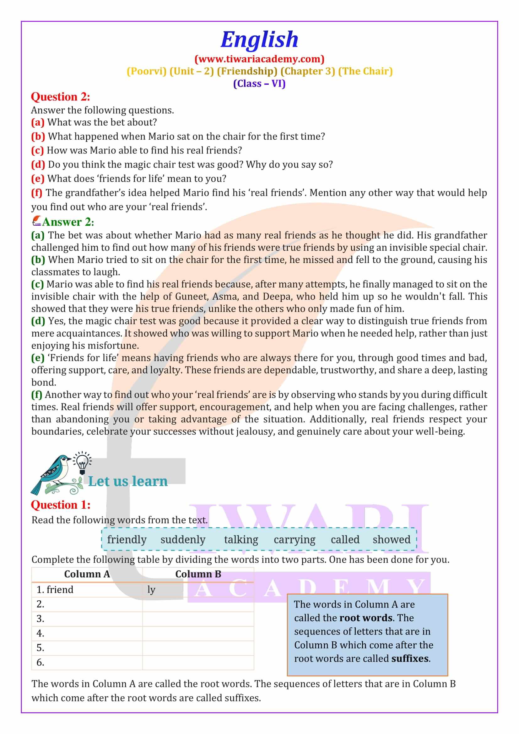 Class 6 English Poorvi Unit 2 Friendship Chapter 3 Question Answers