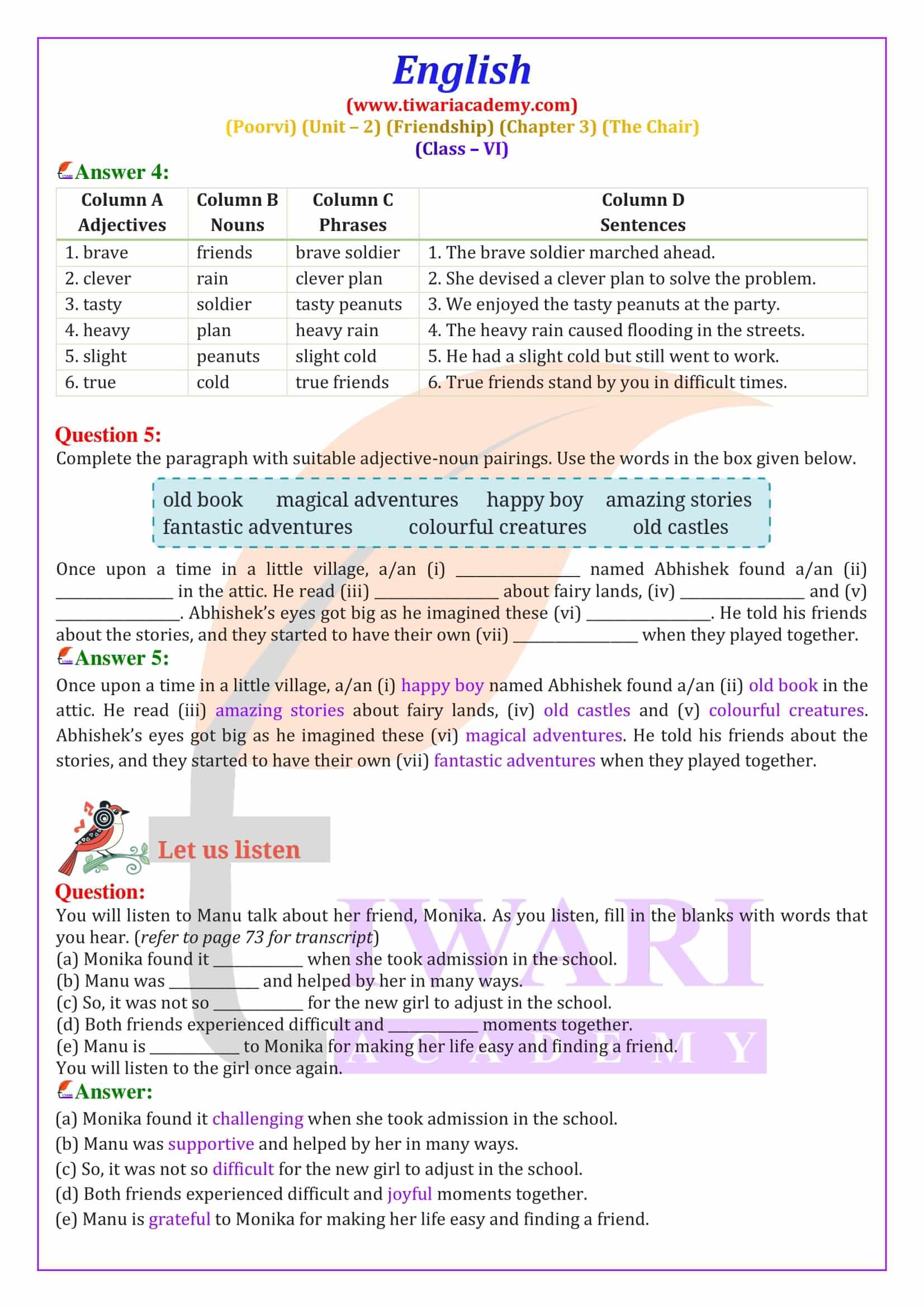 Class 6 English Poorvi Unit 2 Chapter 3 Questions guide
