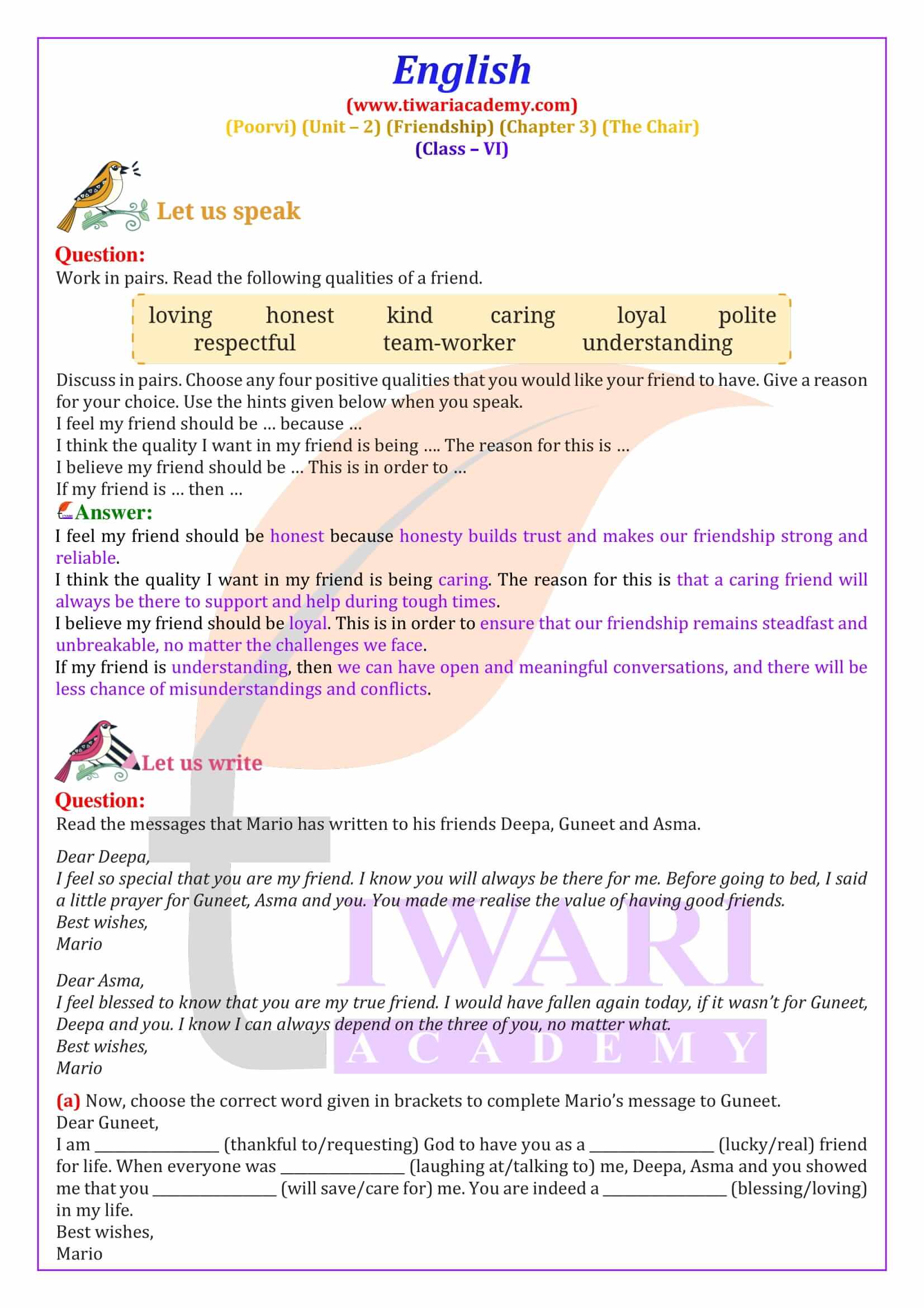 Class 6 English Poorvi Unit 2 Chapter 3 Answers guide