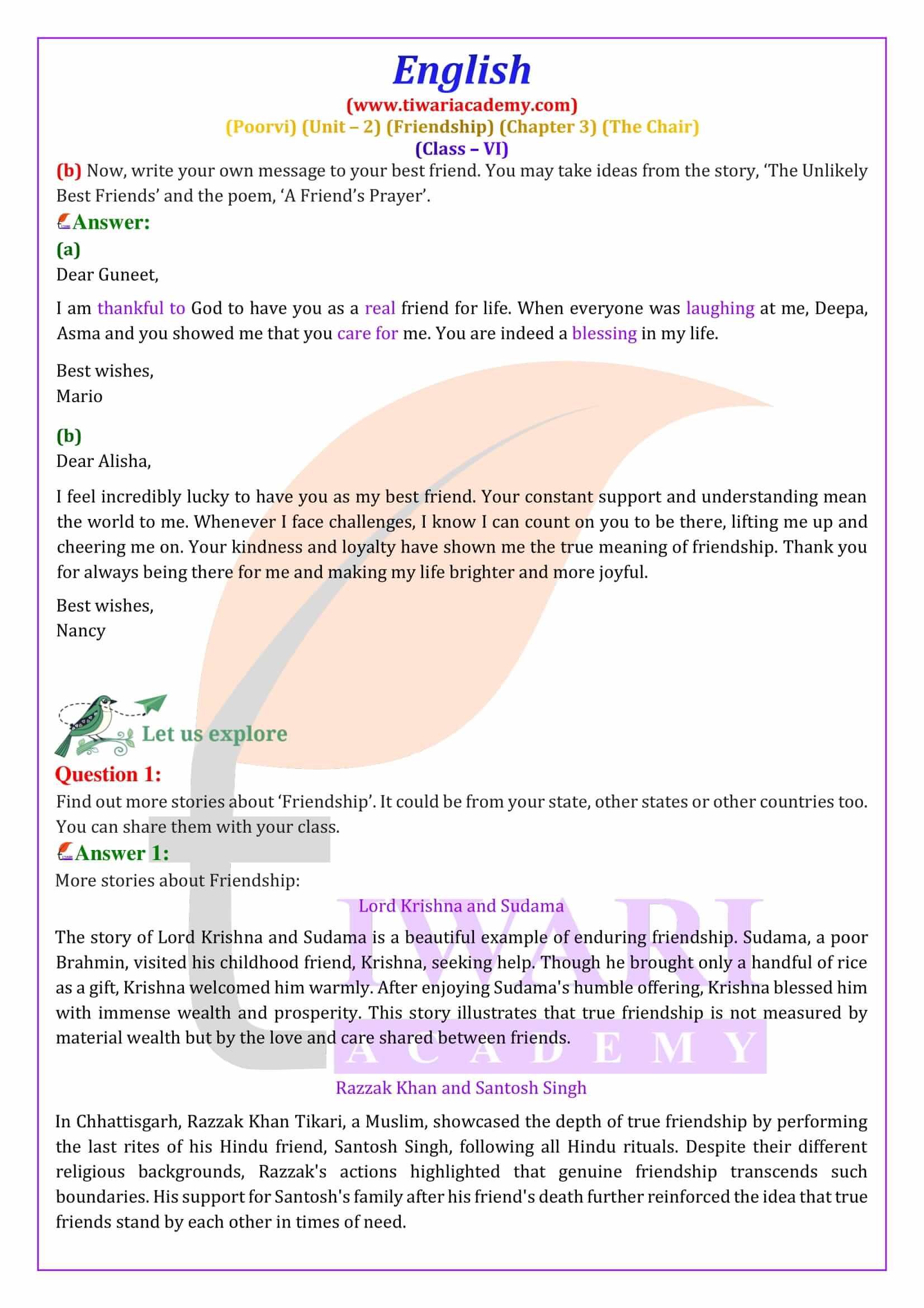 Class 6 English Poorvi Unit 2 Chapter 3 Exercises solutions