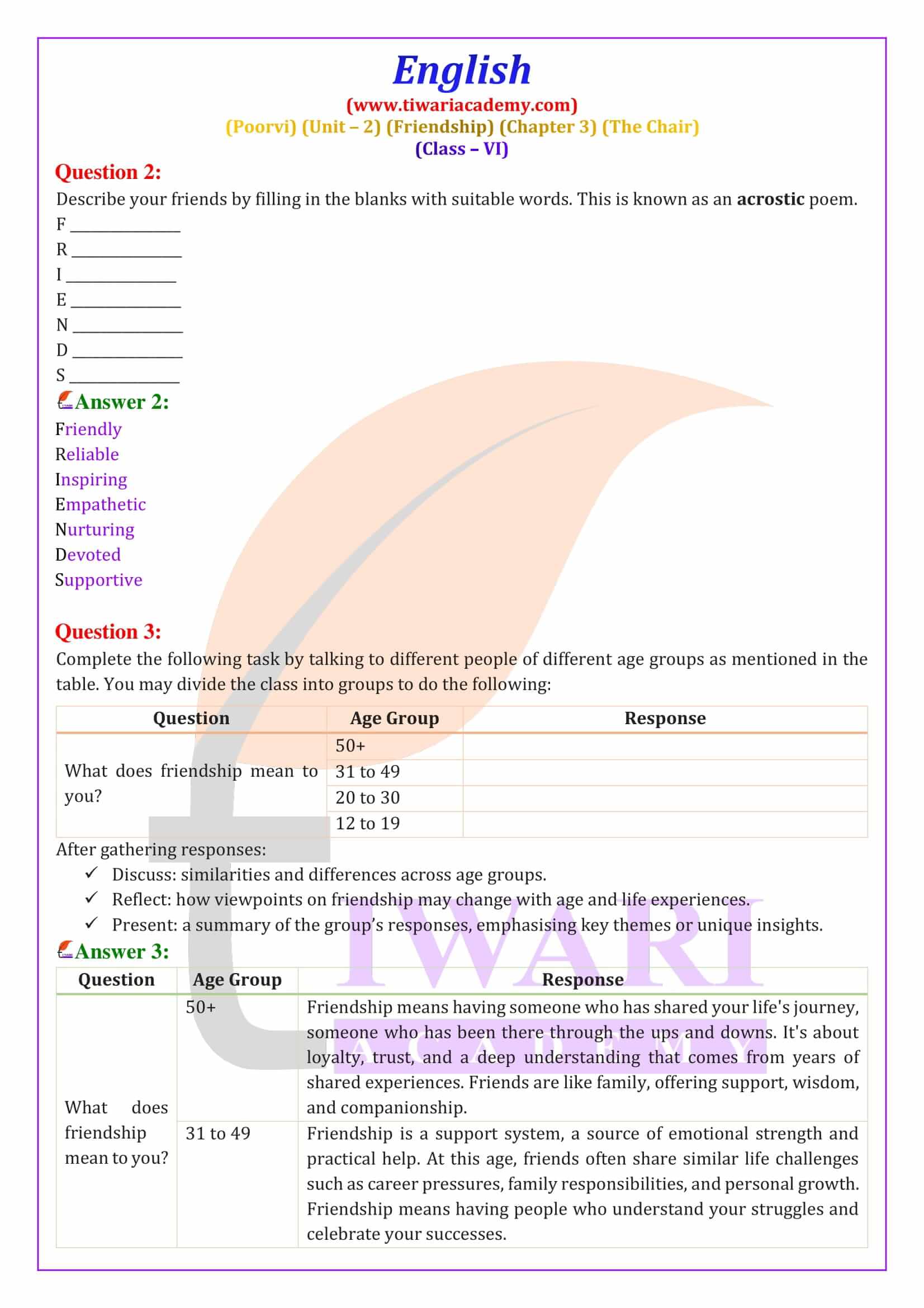 Class 6 English Poorvi Unit 2 Chapter 3 All questions