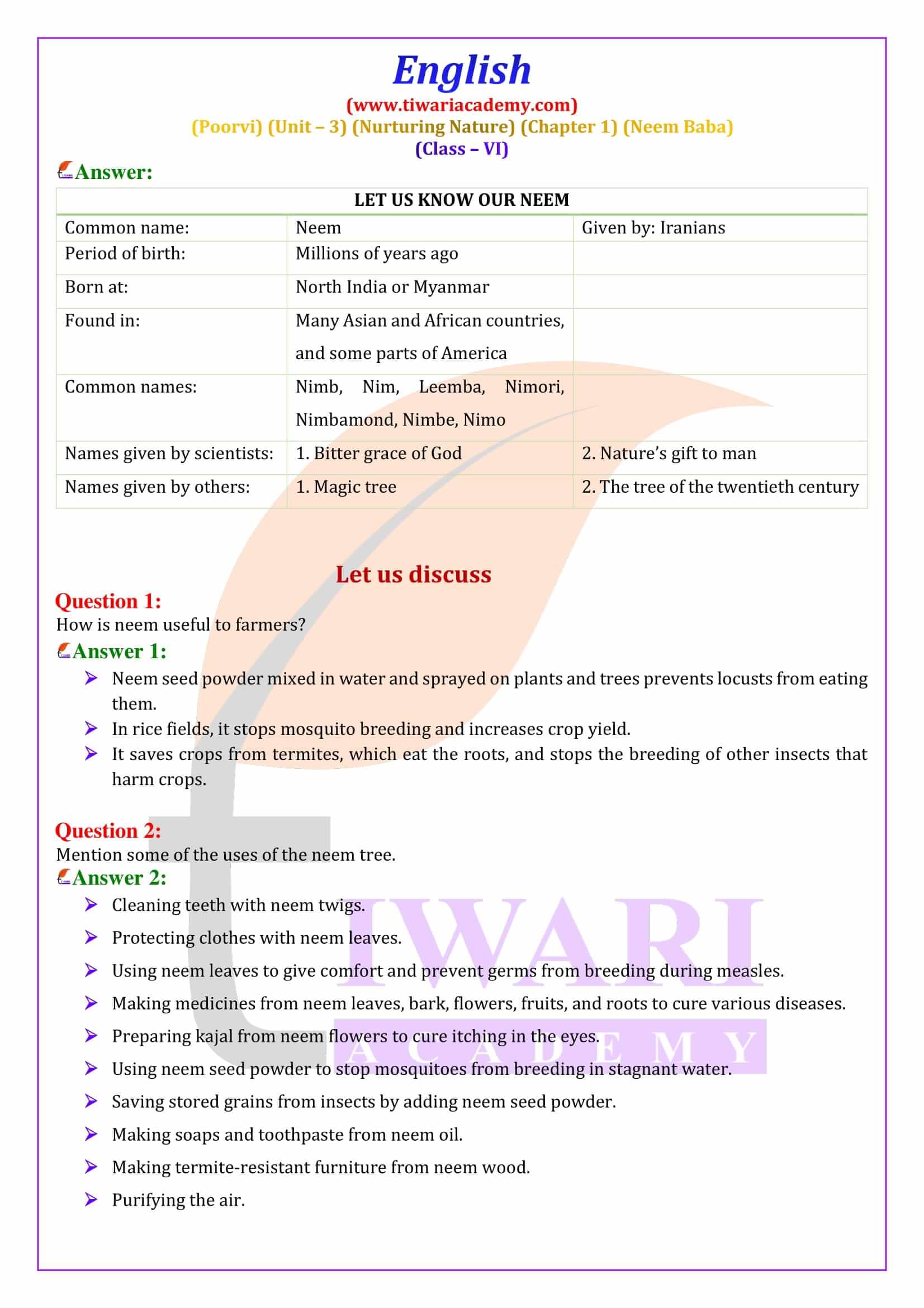Class 6 English Poorvi Unit 3 Nurturing Nature Chapter 1 Neem Baba Question Answers