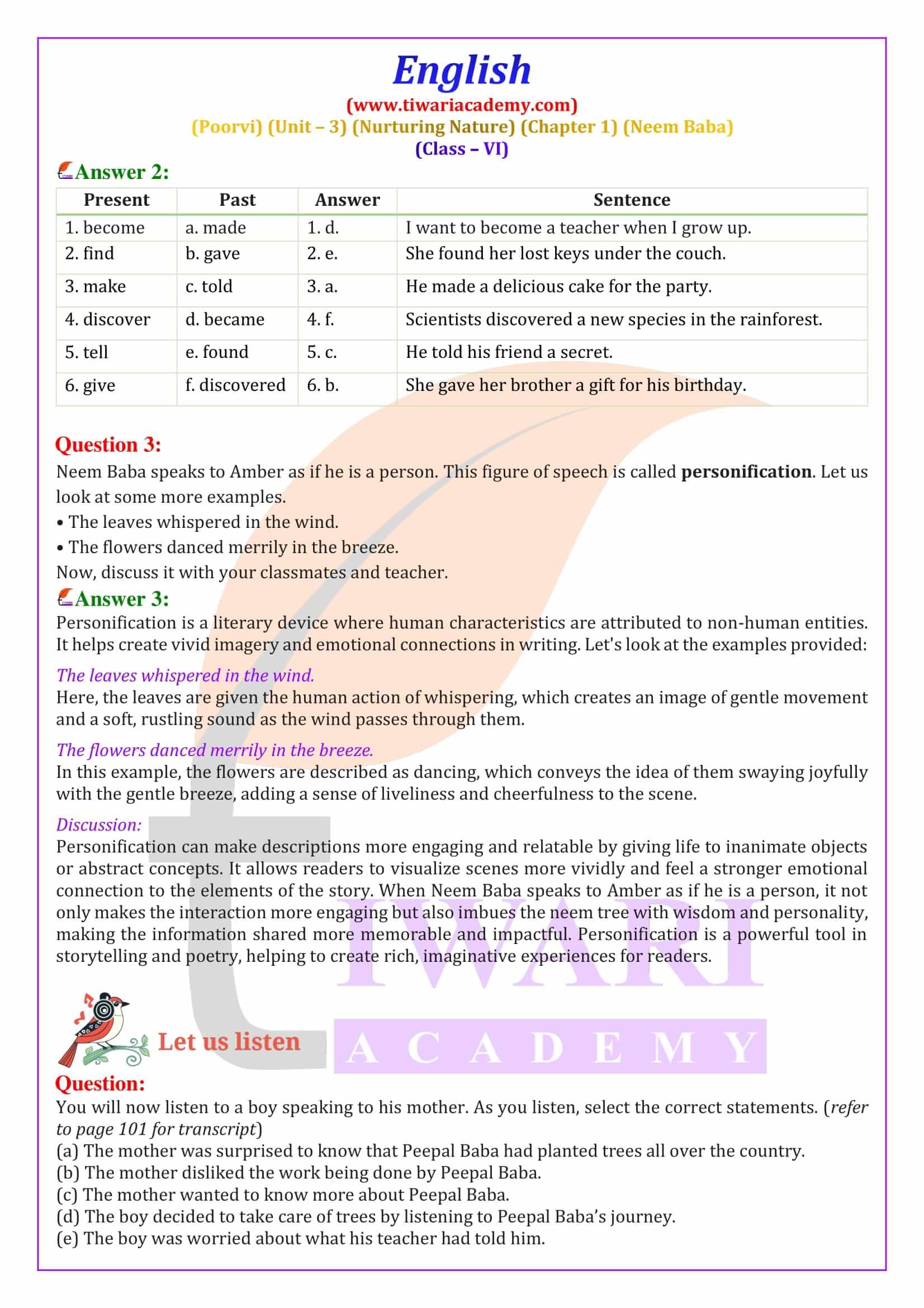 Class 6 English Poorvi Unit 3 Nurturing Nature Chapter 1 Question Answers