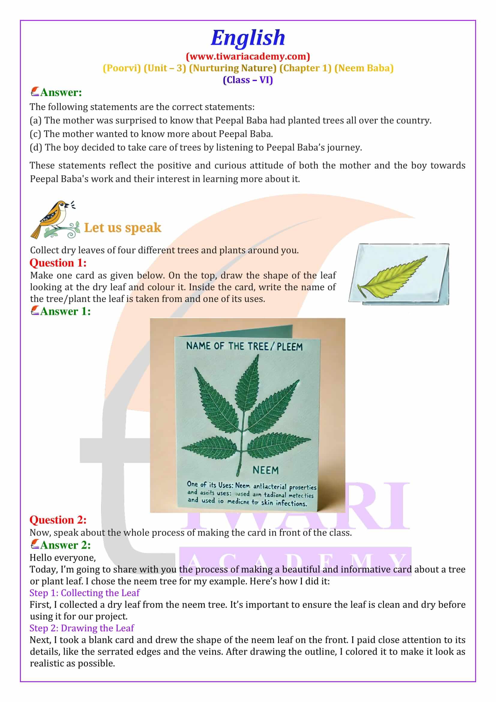 Class 6 English Poorvi Unit 3 Nurturing Nature Chapter 1 Solutions