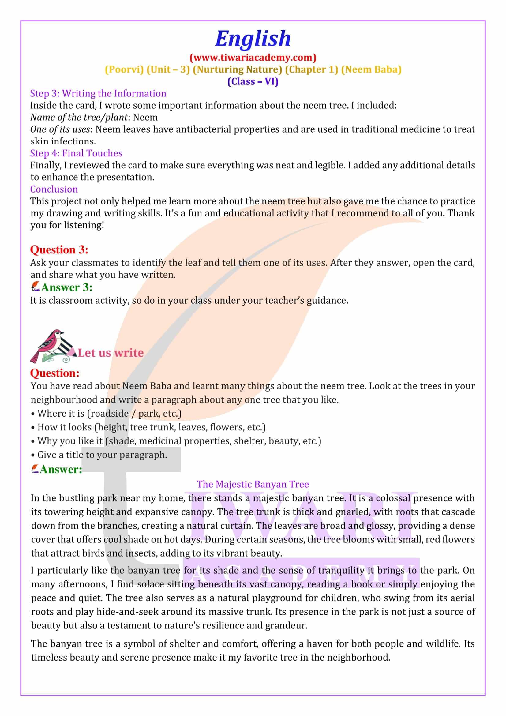 Class 6 English Poorvi Unit 3 Chapter 1