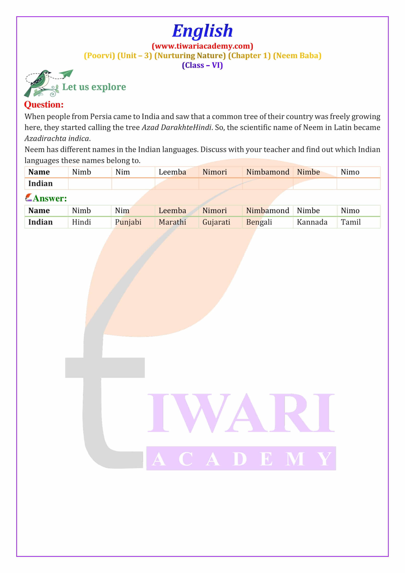 Class 6 English Poorvi Unit 3 Chapter 1 NCERT Solutions