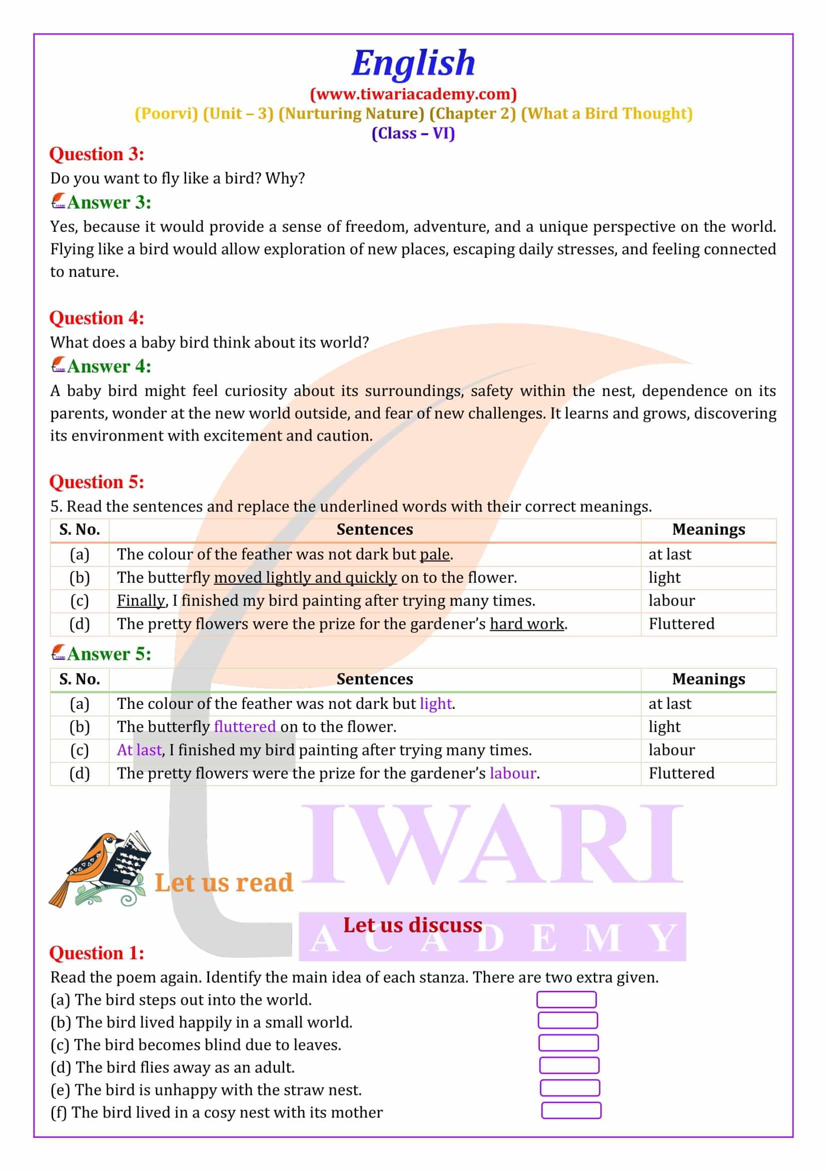 Class 6 English Poorvi Unit 3 Nurturing Nature Chapter 2 What a Bird Thought Solutions