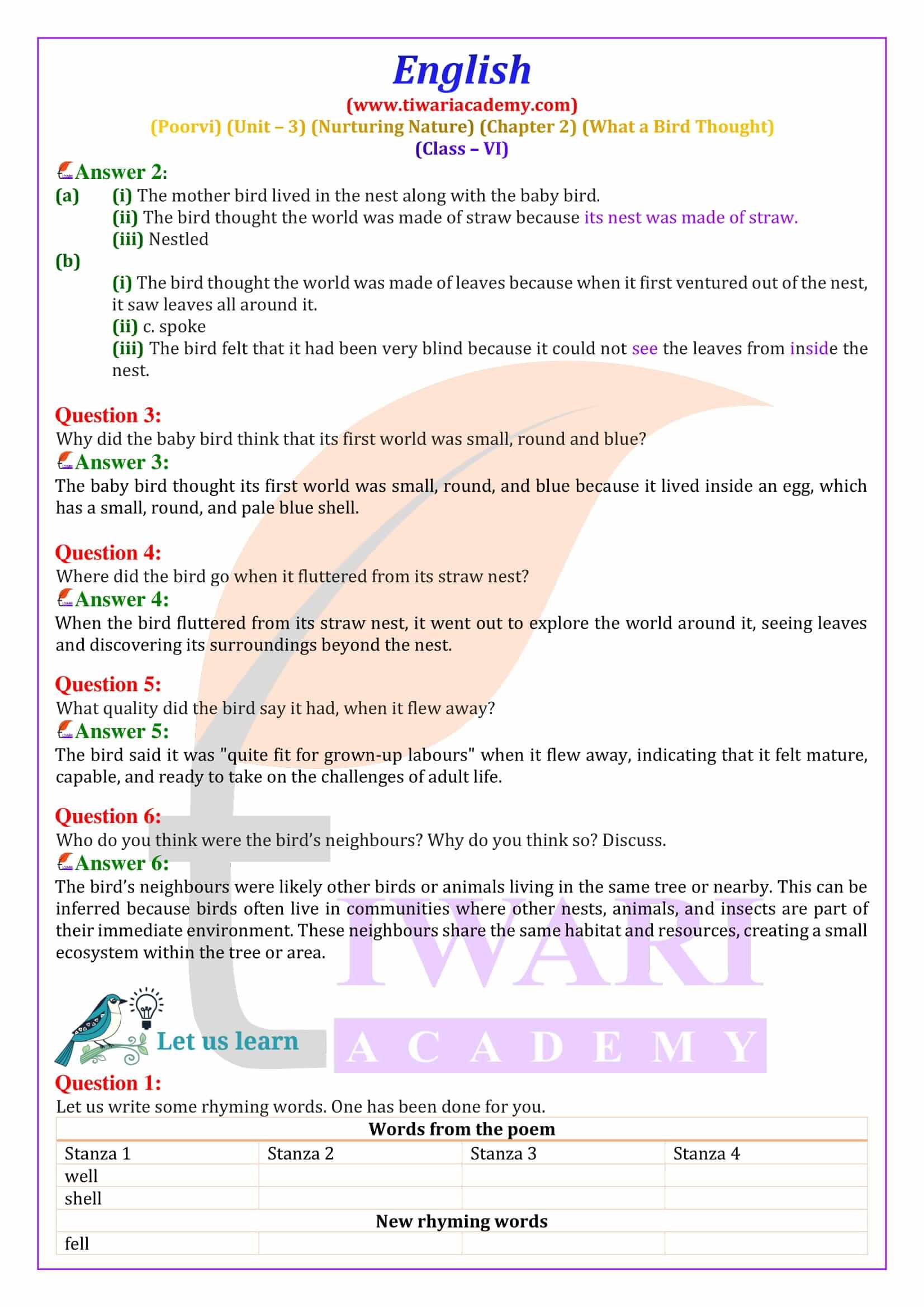 Class 6 English Poorvi Unit 3 Nurturing Nature Chapter 2 Solutions
