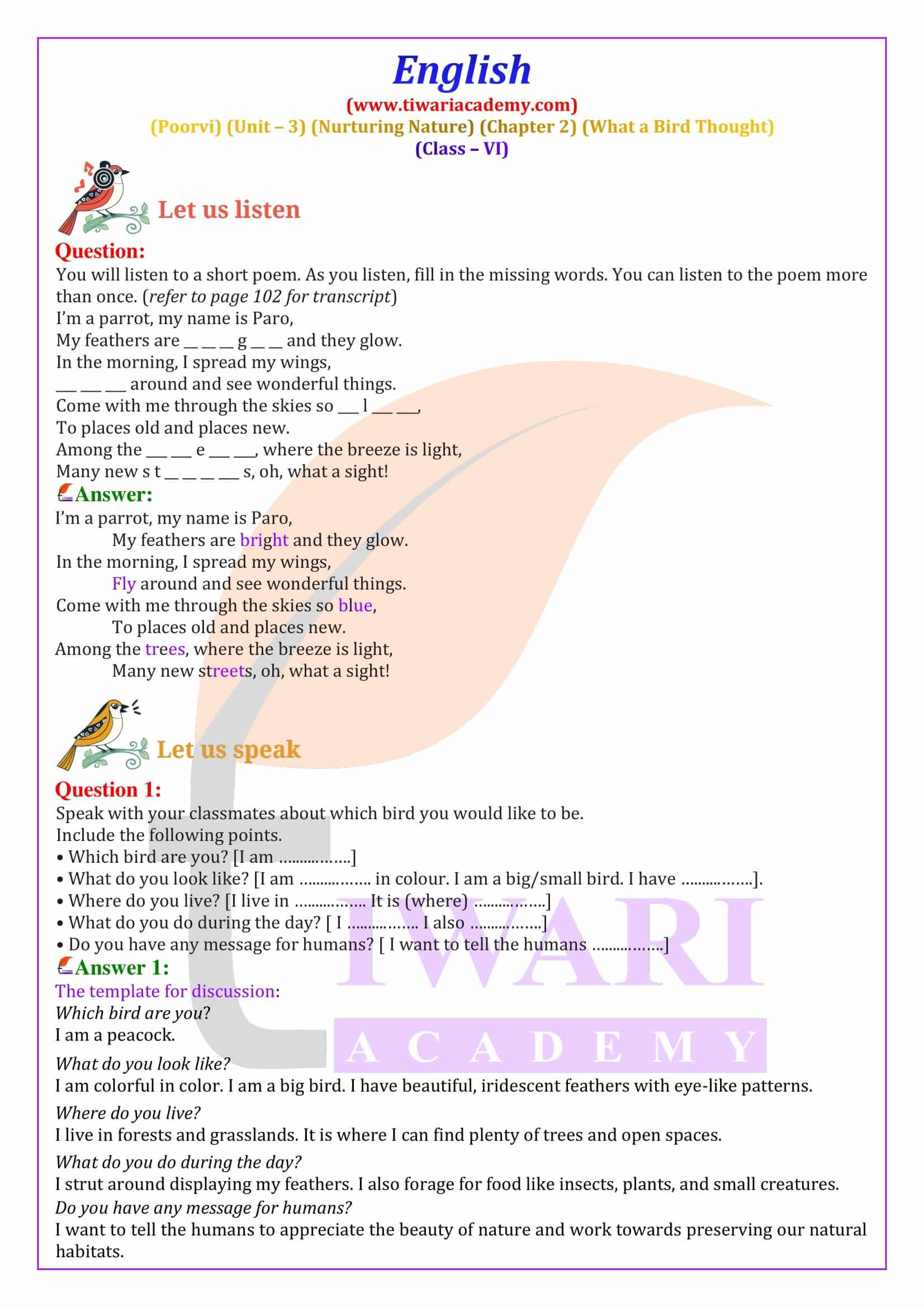 Class 6 English Poorvi Unit 3 Chapter 2