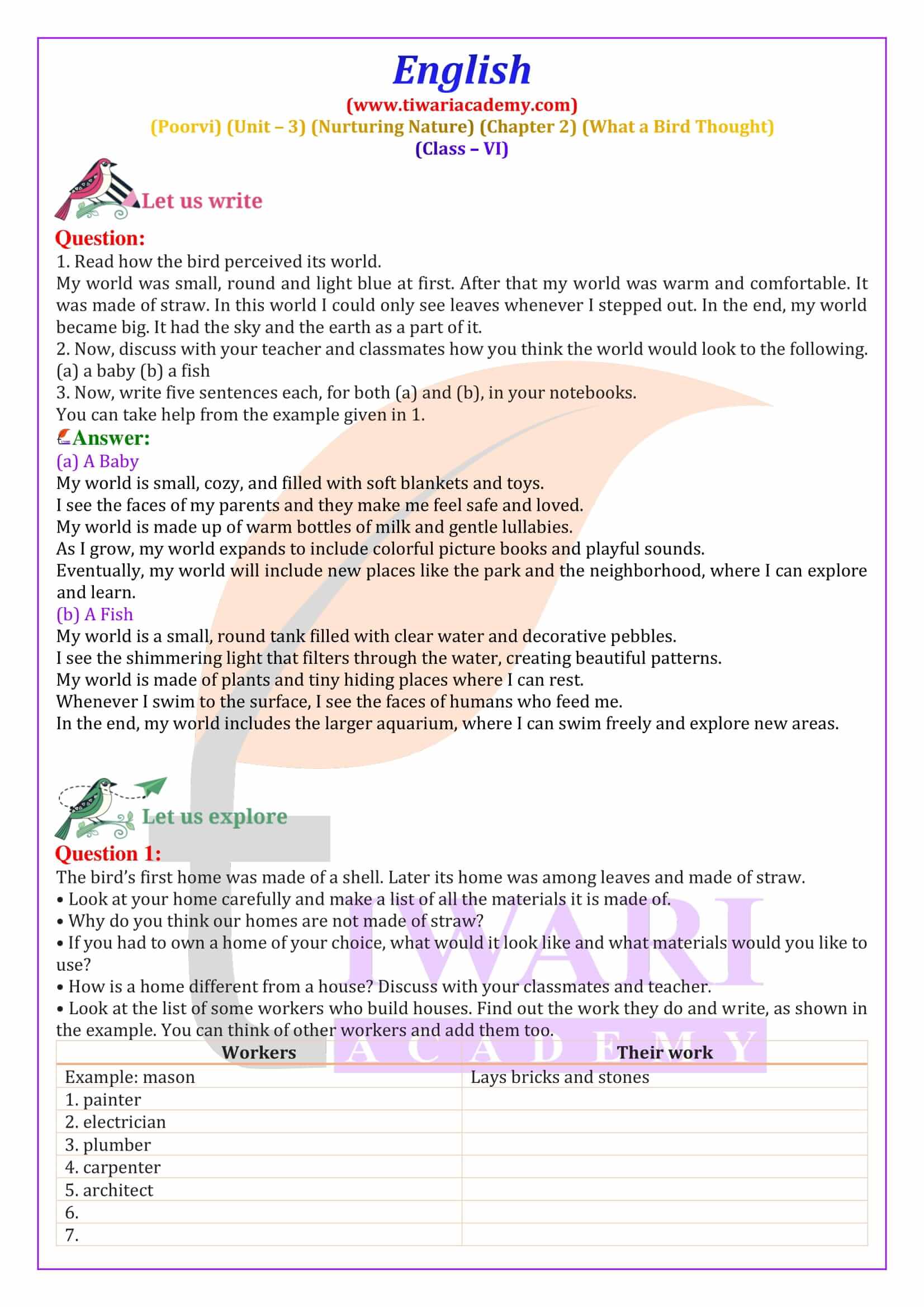 Class 6 English Poorvi Unit 3 Chapter 2 NCERT Solutions