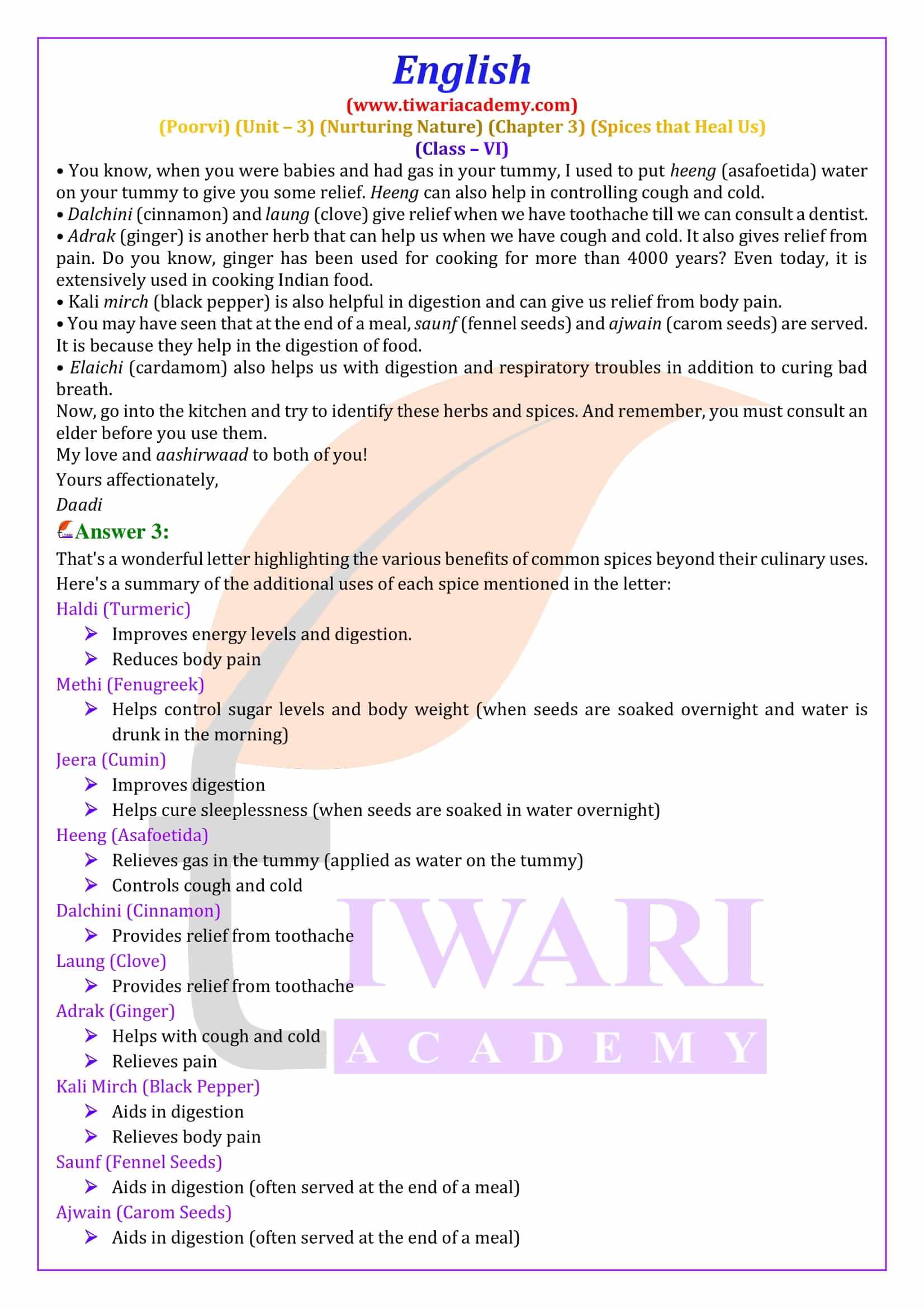 Class 6 English Poorvi Unit 3 Nurturing Nature Chapter 3 Spices that Heal Us Solutions
