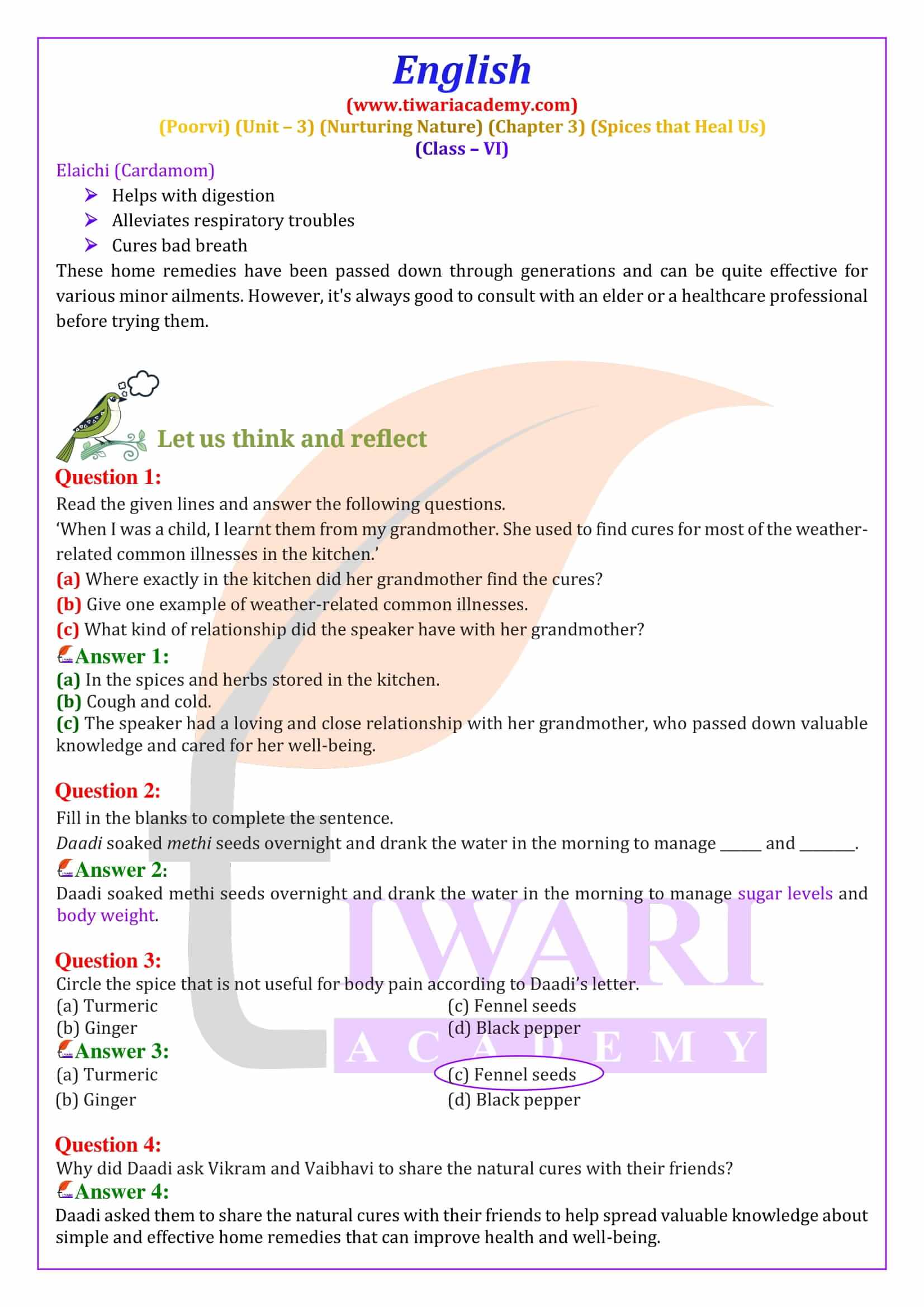 Class 6 English Poorvi Unit 3 Nurturing Nature Chapter 3 Spices that Heal Us Question Answers