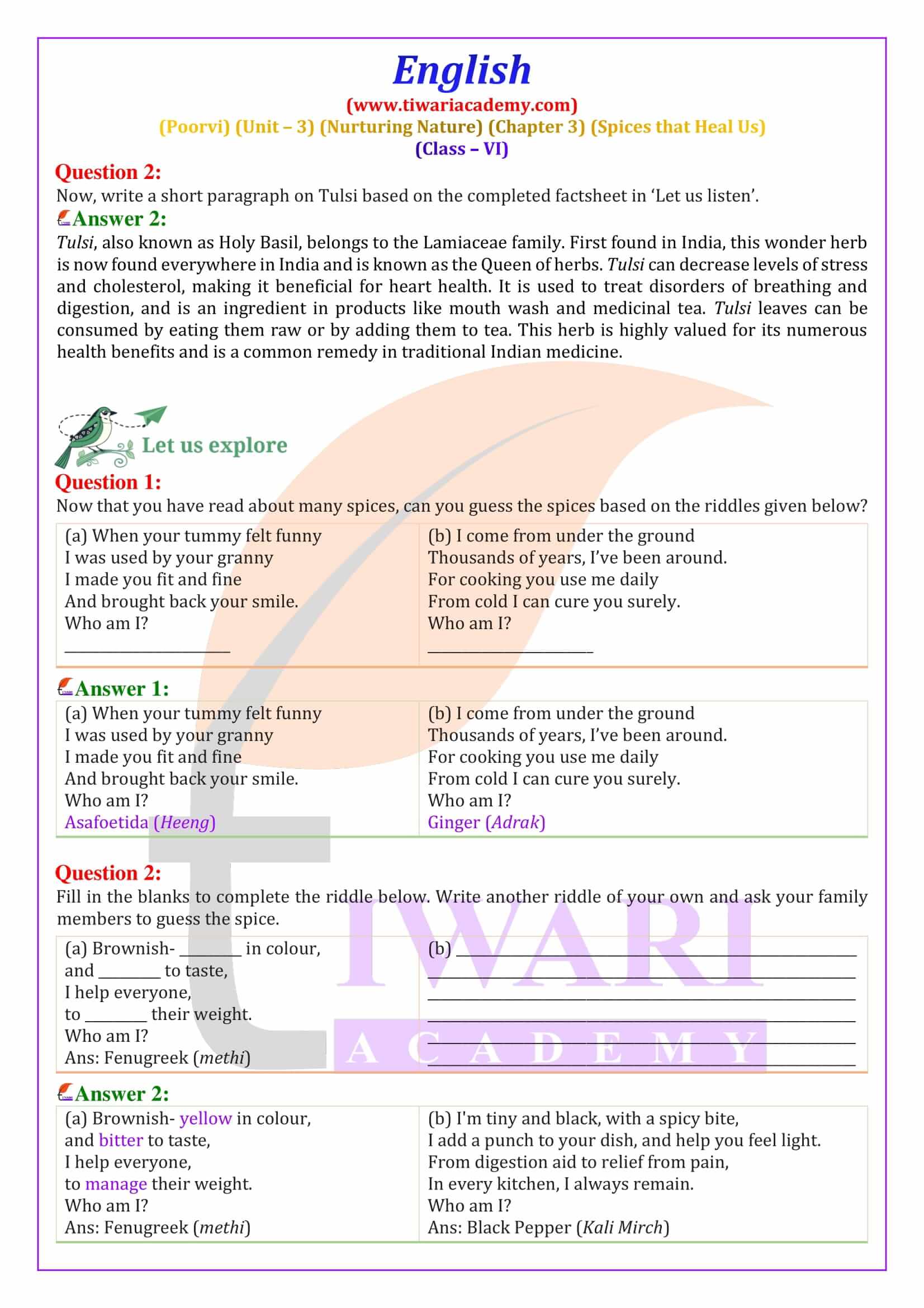 Class 6 English Poorvi Unit 3 Chapter 3 all question answers