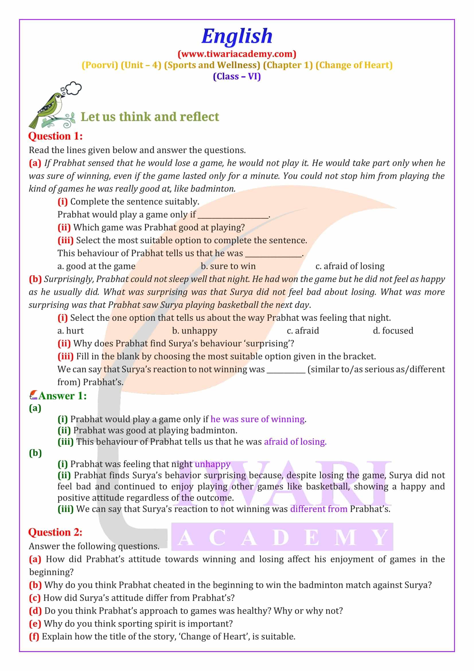 Class 6 English Poorvi Unit 4 Sports and Wellness Chapter 1