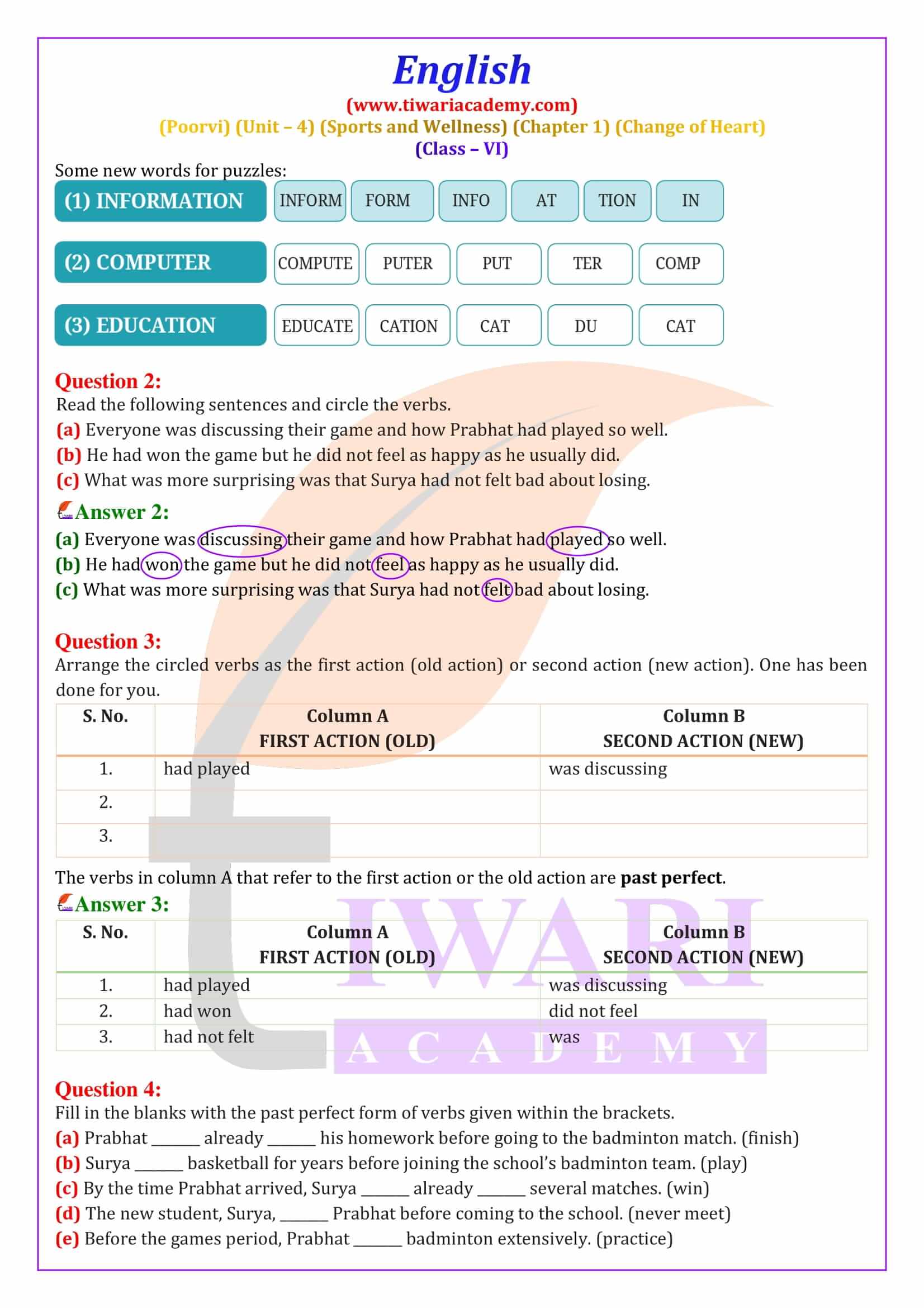 Class 6 English Poorvi Unit 4 Sports and Wellness Chapter 1 Exercises
