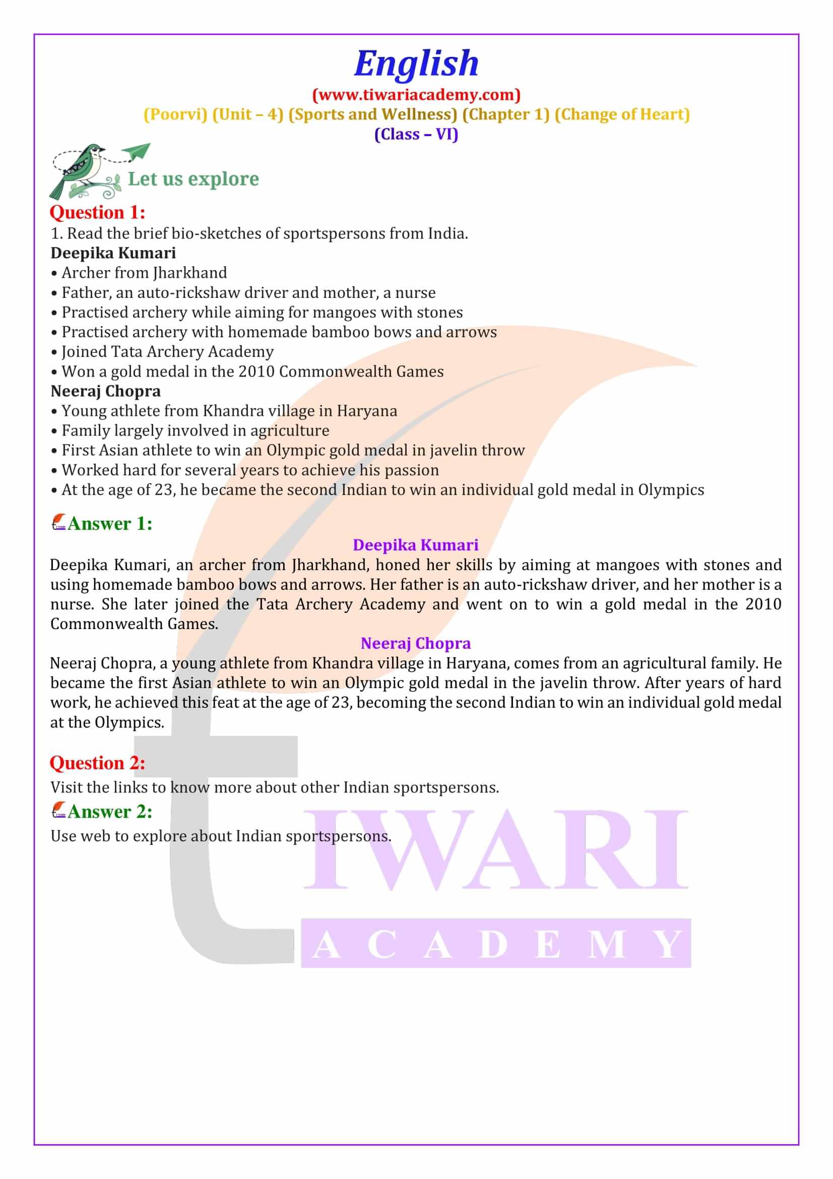 Class 6 English Poorvi Unit 4 Chapter 1 Question Answers