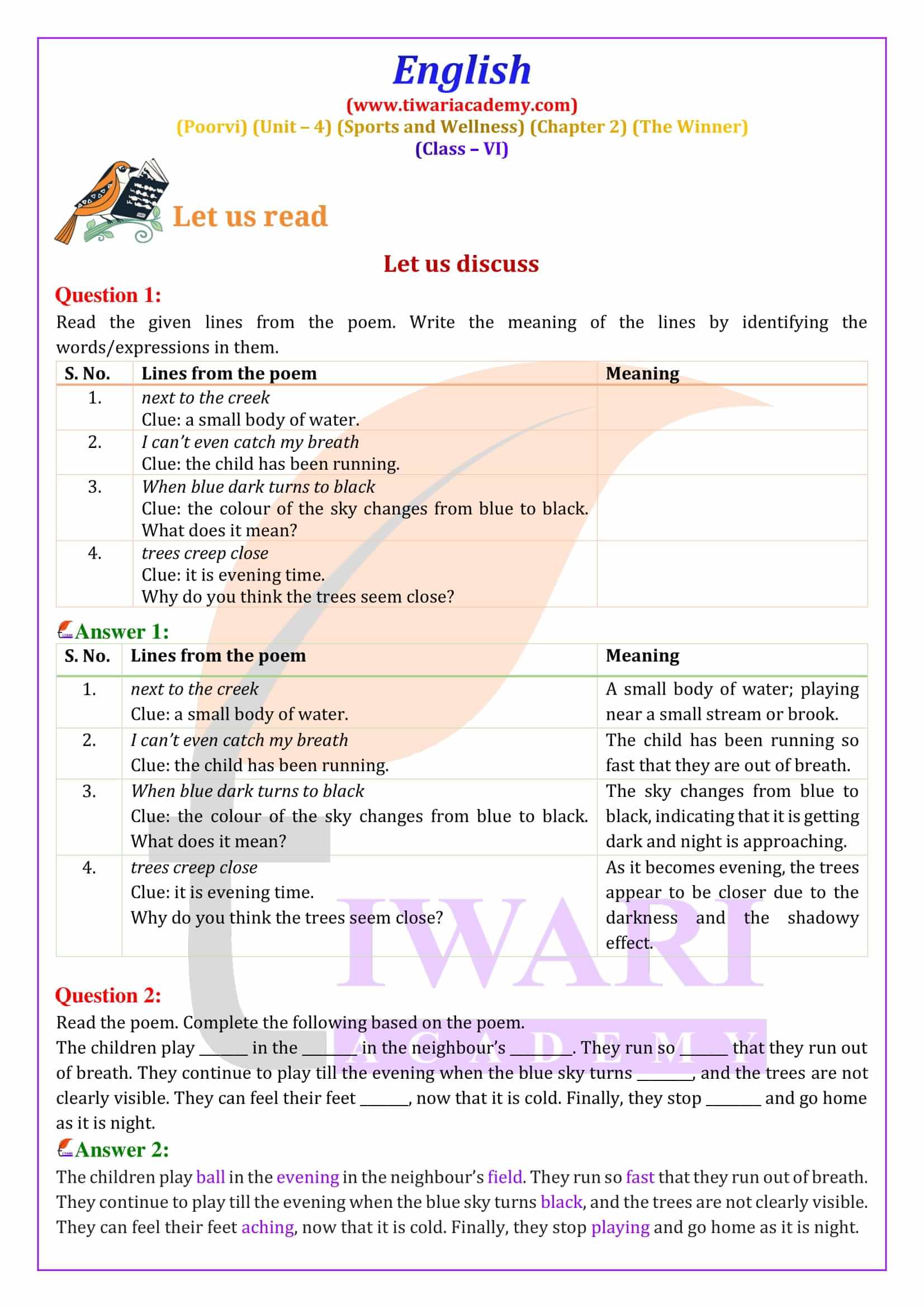 Class 6 English Poorvi Unit 4 Sports and Wellness Chapter 2 The Winner Solutions