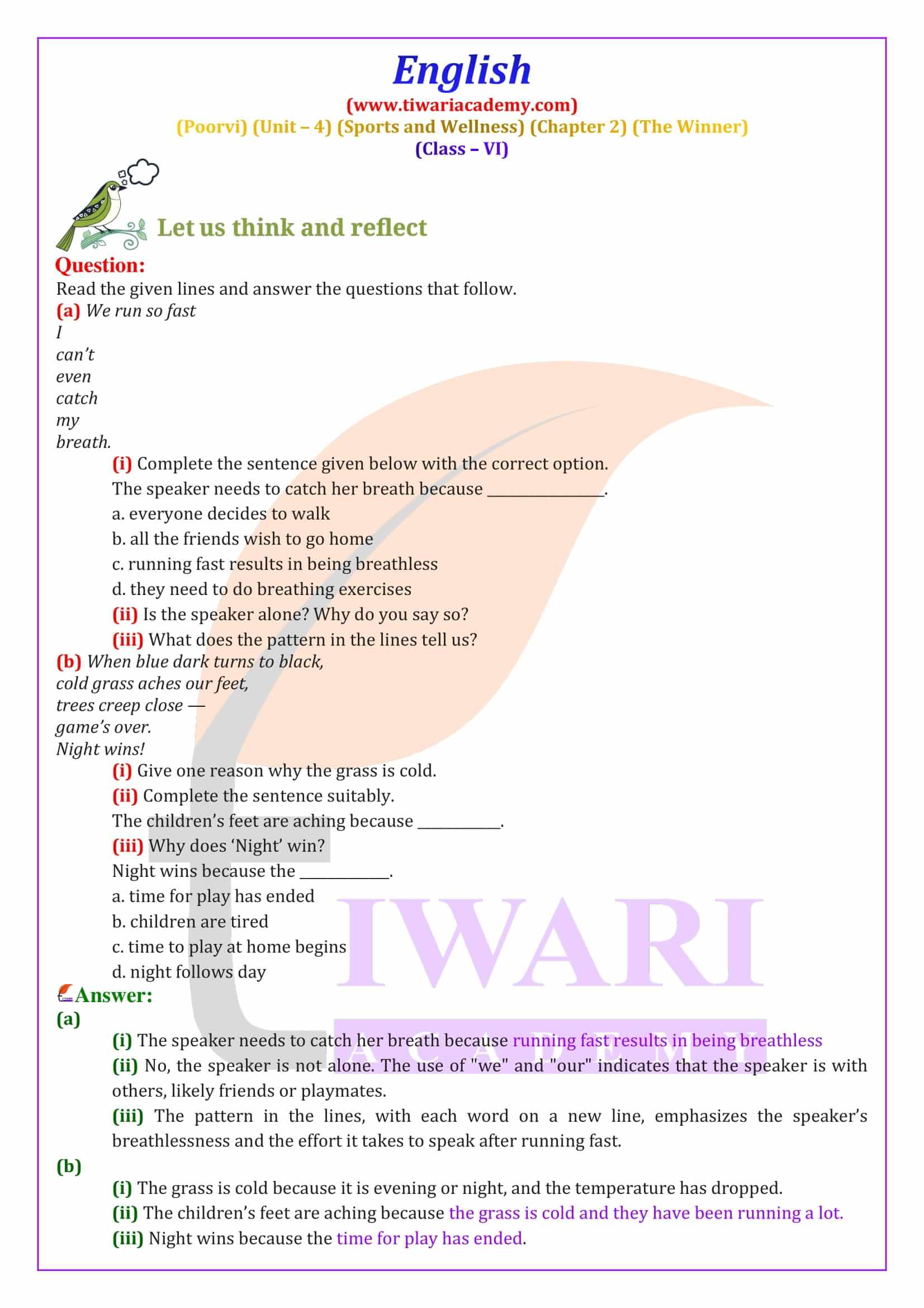 Class 6 English Poorvi Unit 4 Sports and Wellness Chapter 2 The Winner Question Answers