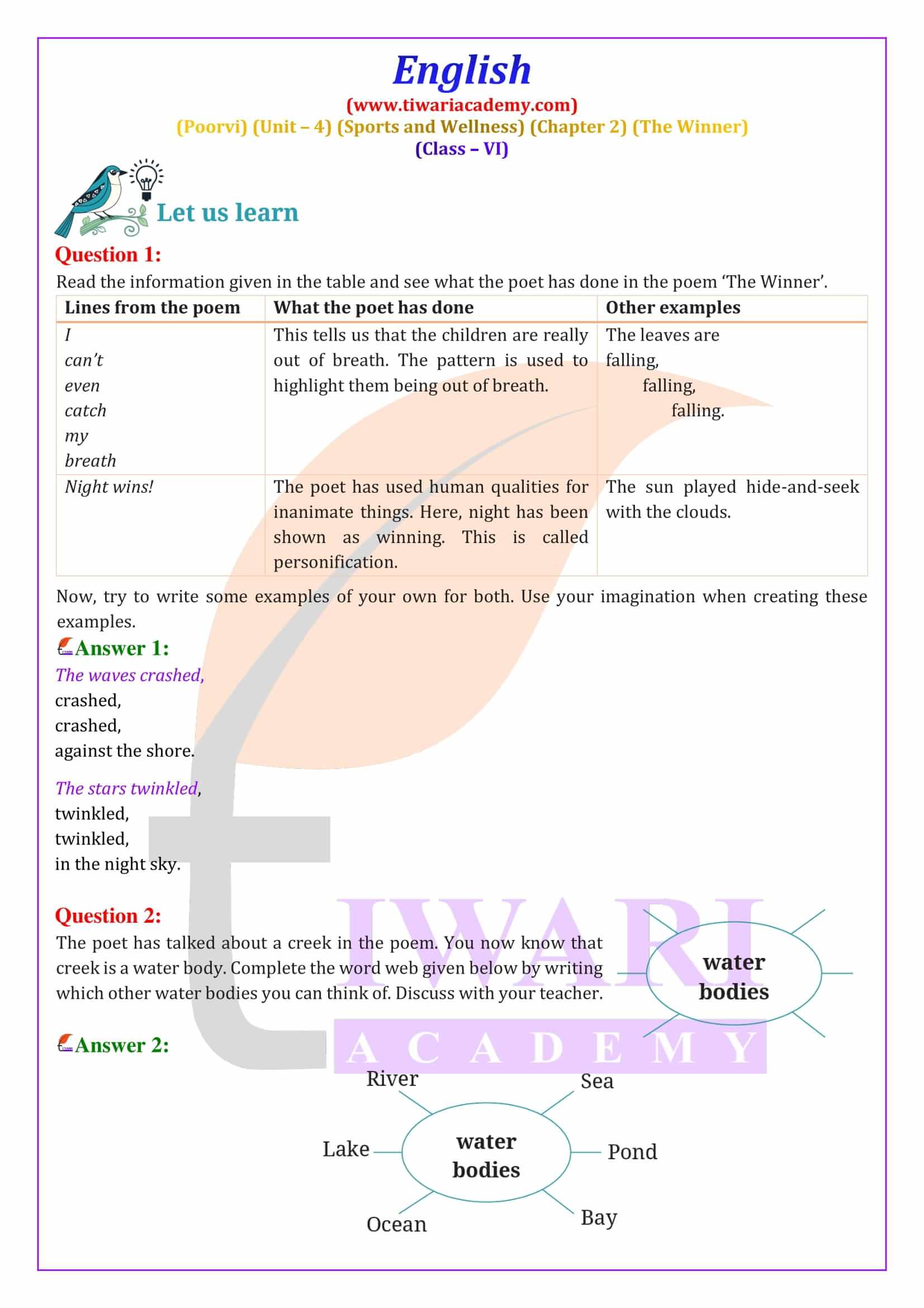 Class 6 English Poorvi Unit 4 Sports and Wellness Chapter 2