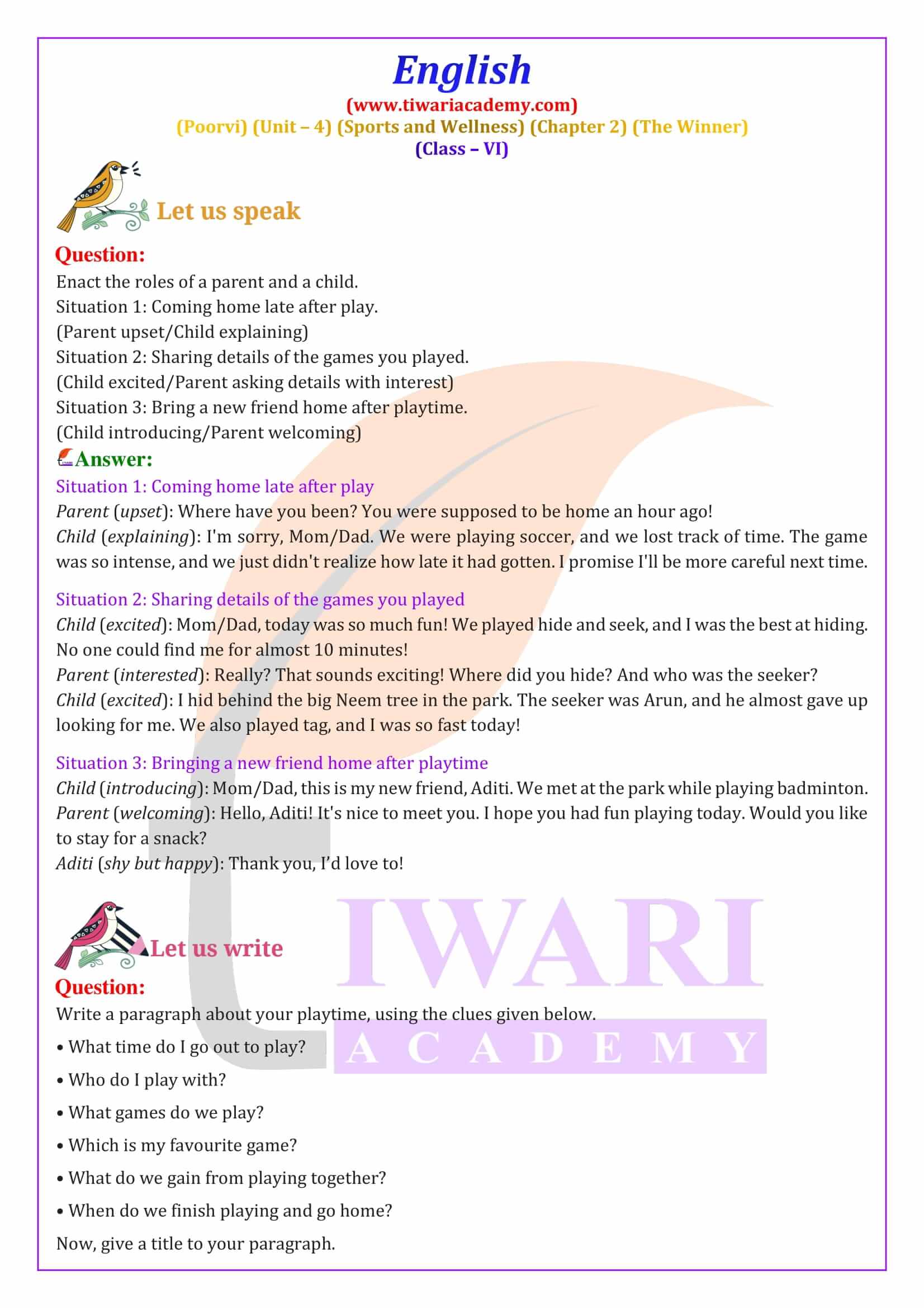 Class 6 English Poorvi Unit 4 Sports and Wellness Chapter 2 Question Answers