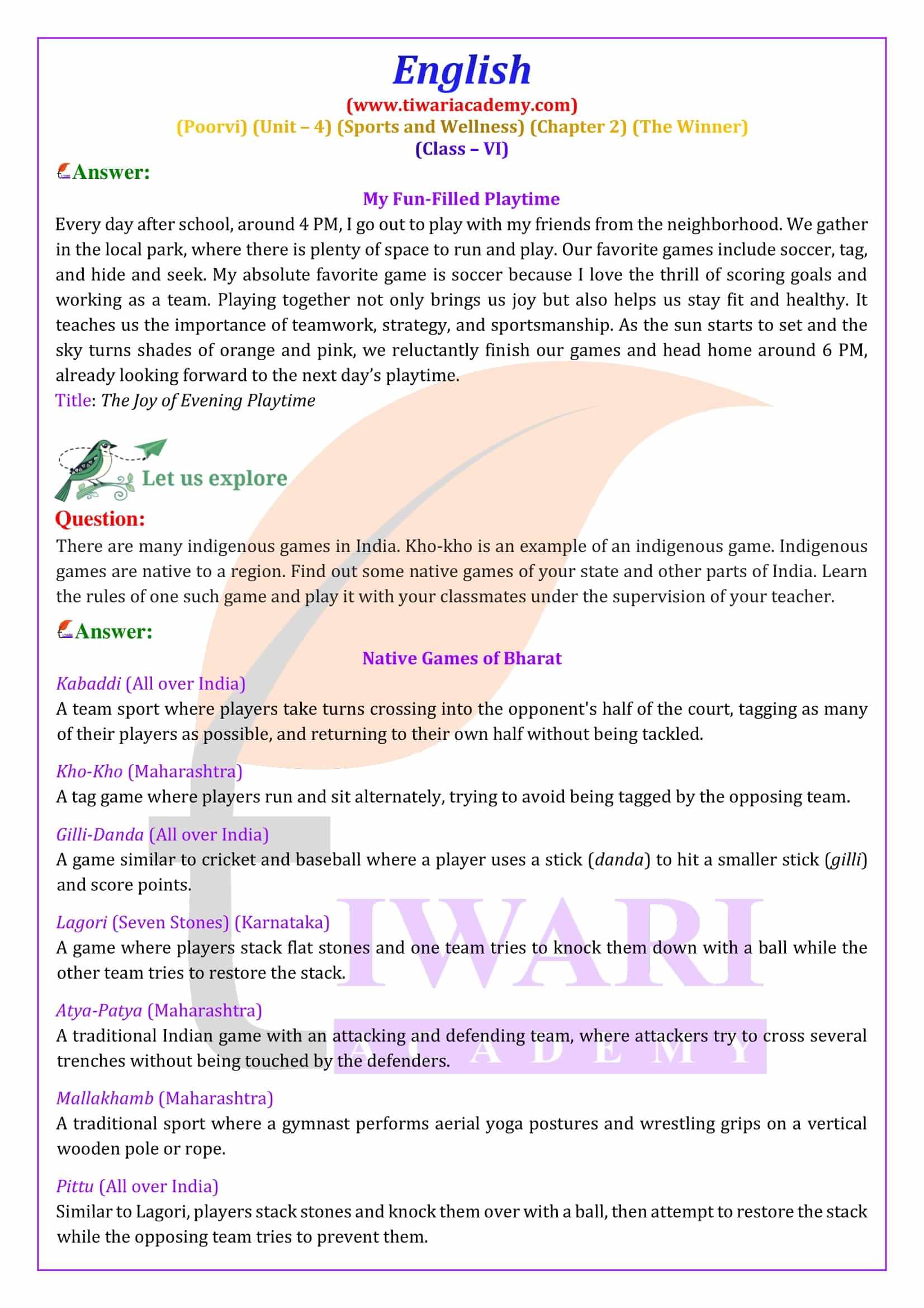 Class 6 English Poorvi Unit 4 Sports and Wellness Chapter 2 Exercises