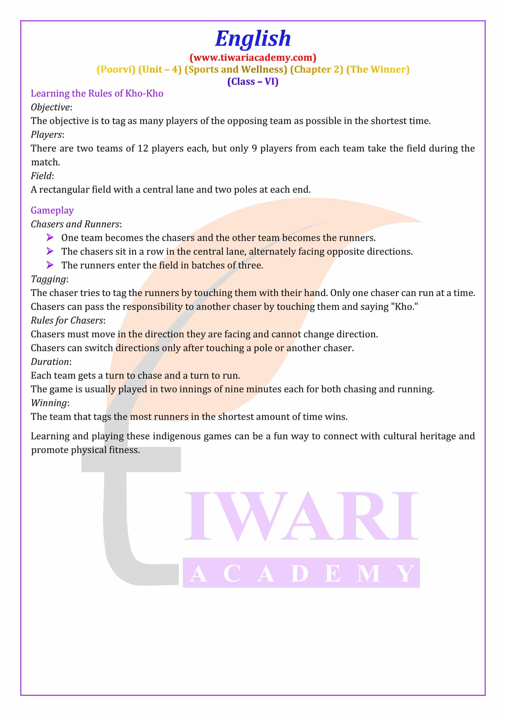 Class 6 English Poorvi Unit 4 Sports and Wellness Chapter 2 all answers guide