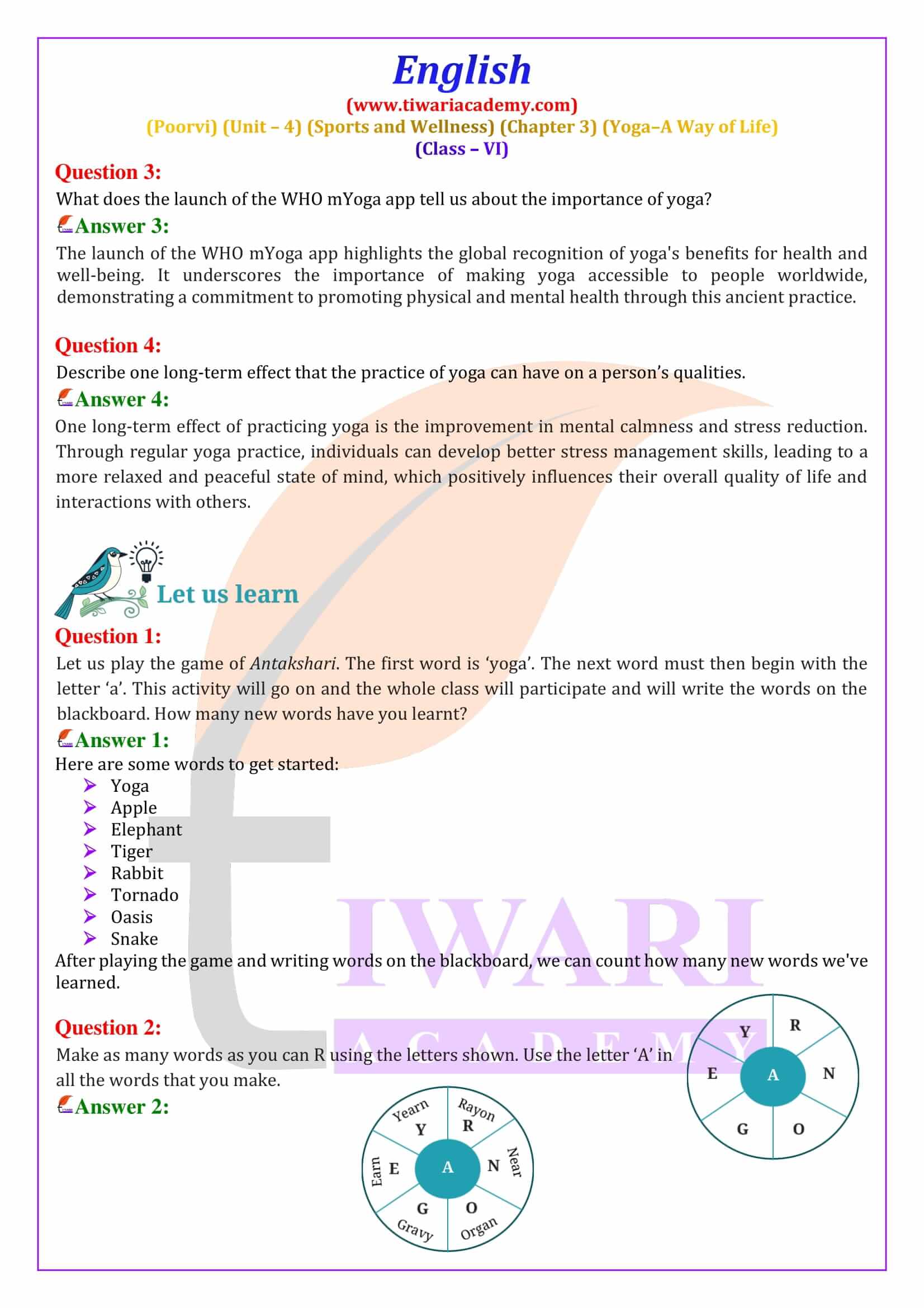 Class 6 English Poorvi Unit 4 Sports and Wellness Chapter 3