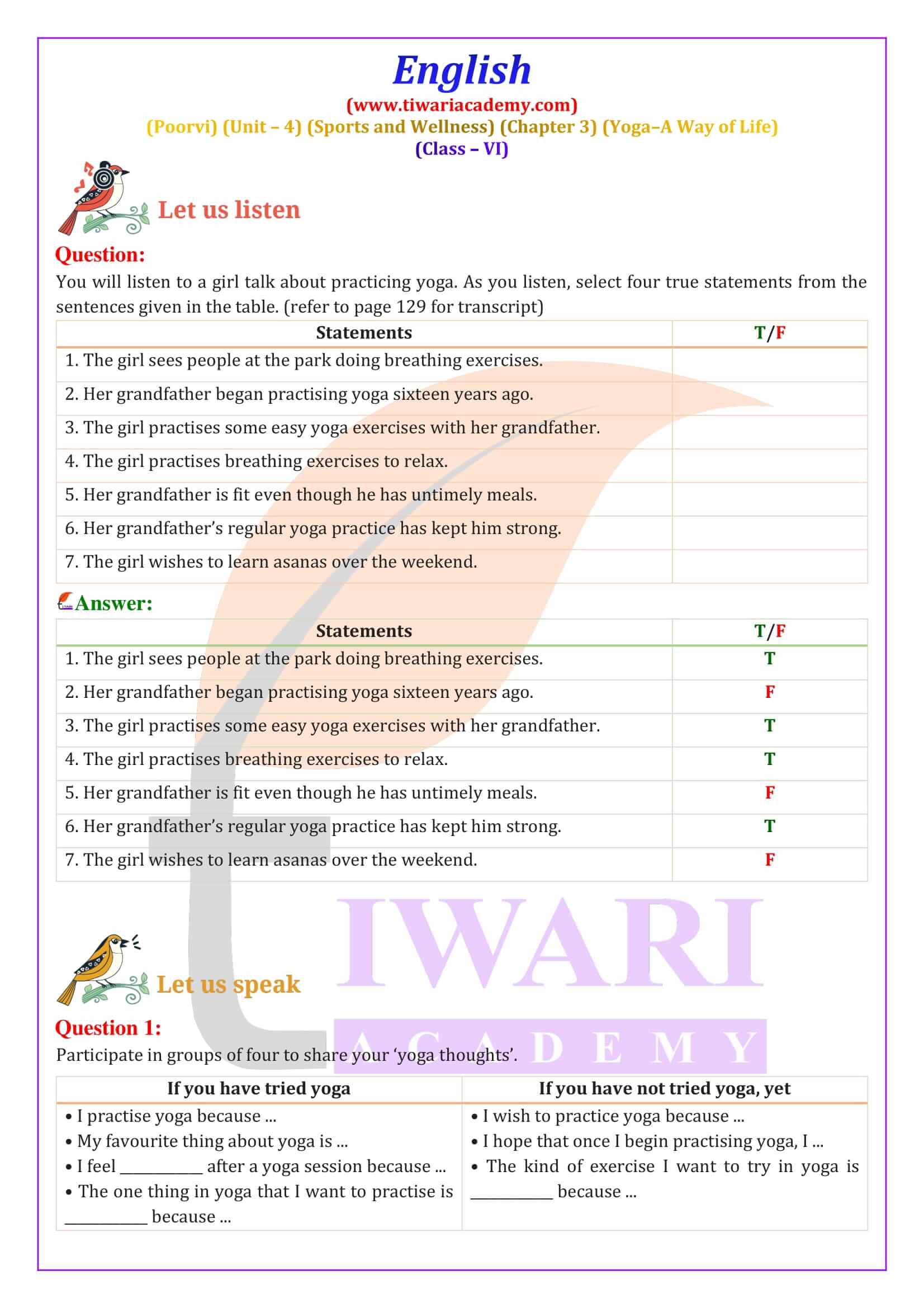 Class 6 English Poorvi Unit 4 Sports and Wellness Chapter 3 Question Answers