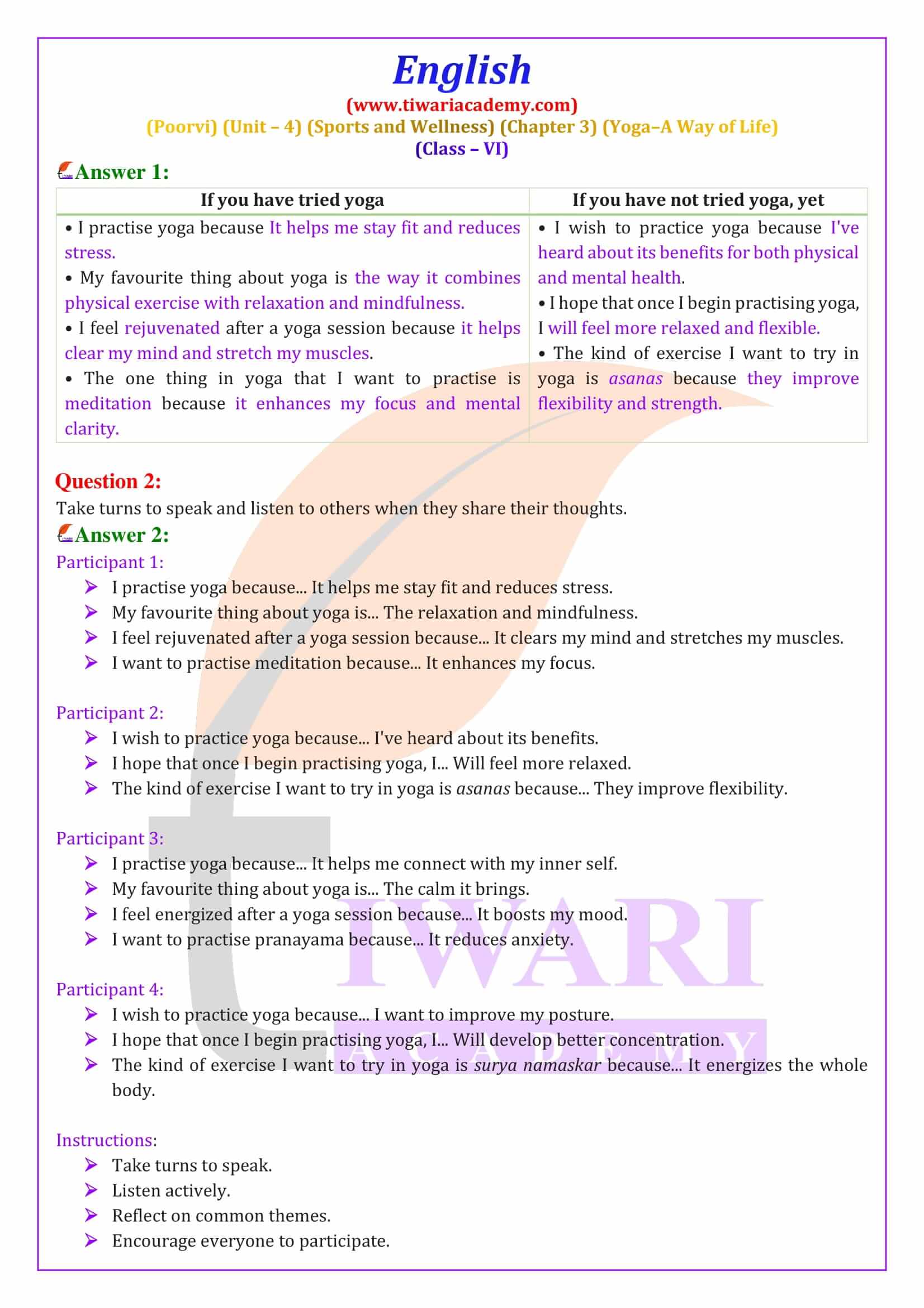 Class 6 English Poorvi Unit 4 Sports and Wellness Chapter 3 Solutions