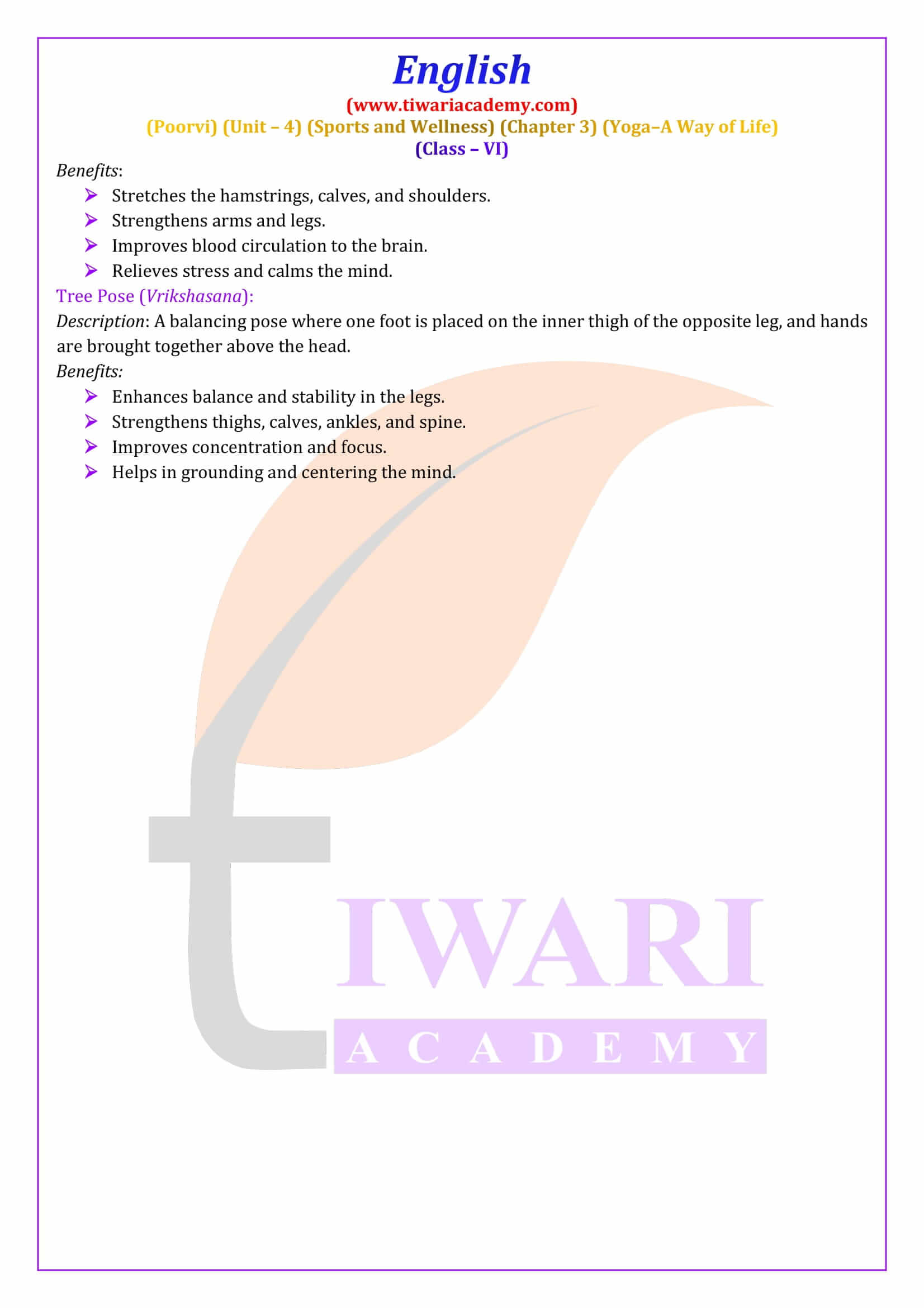 Class 6 English Poorvi Unit 4 Sports and Wellness Chapter 3 all answers