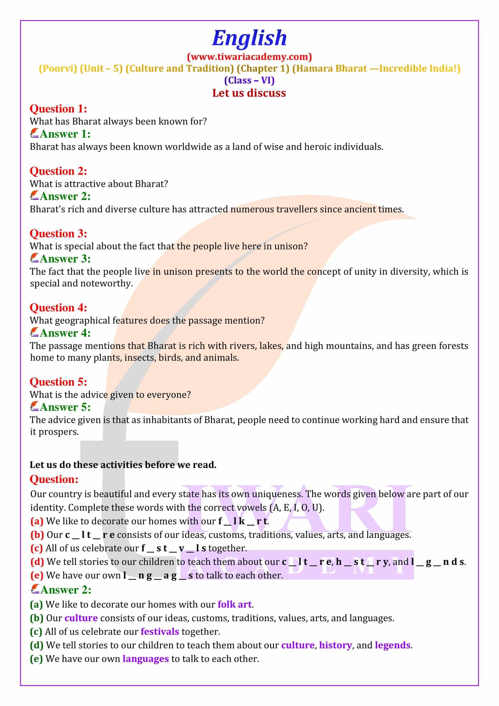 NCERT Solutions for Class 6 English Poorvi Unit 5 Culture and Tradition Chapter 1 Hamara Bharat-Incredible India