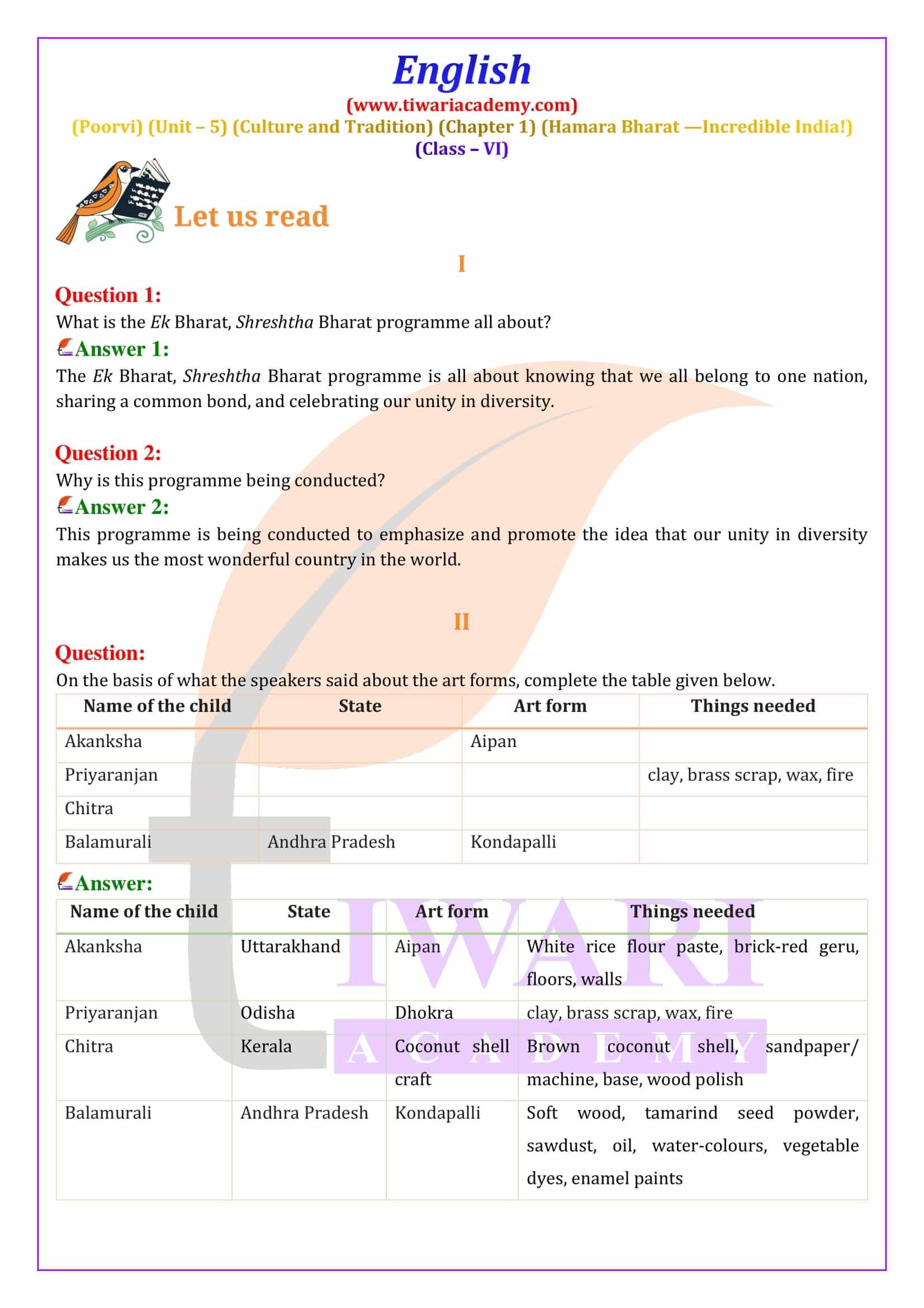 NCERT Solutions for Class 6 English Poorvi Unit 5 Culture and Tradition Chapter 1
